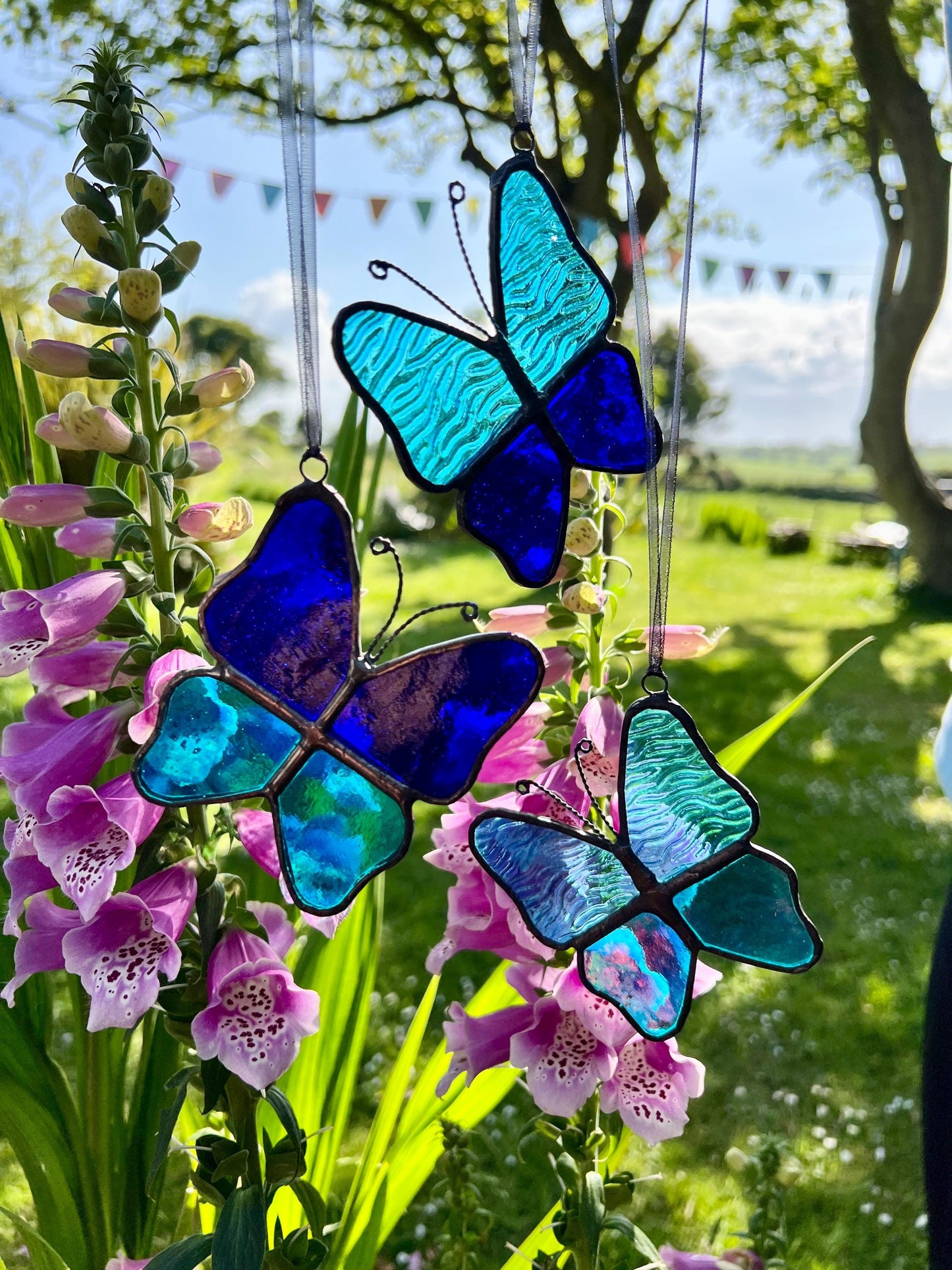 Stained Glass Butterfly Set: Turquoise & Cobalt Blue, Handcrafted