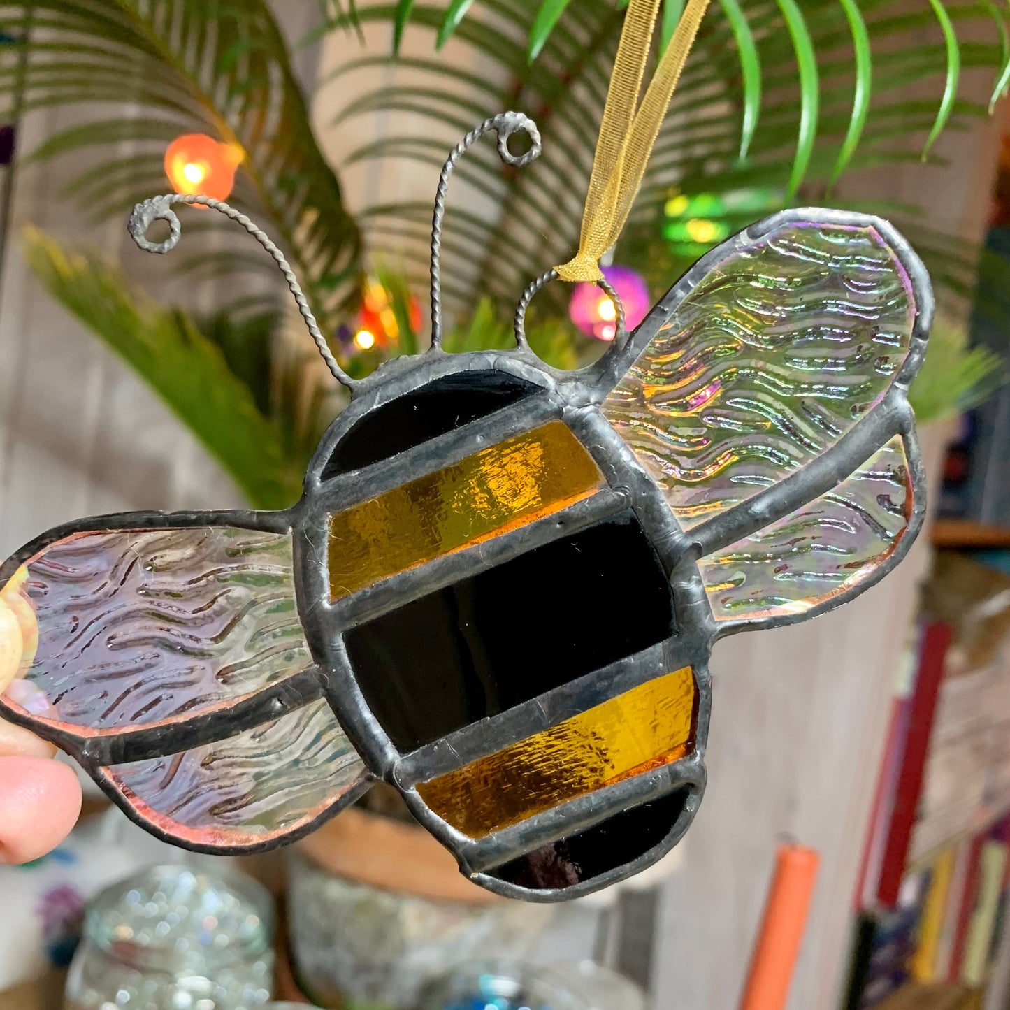 Stained Glass Bee Suncatcher, Iridescent Wings, Nature Lover Gift