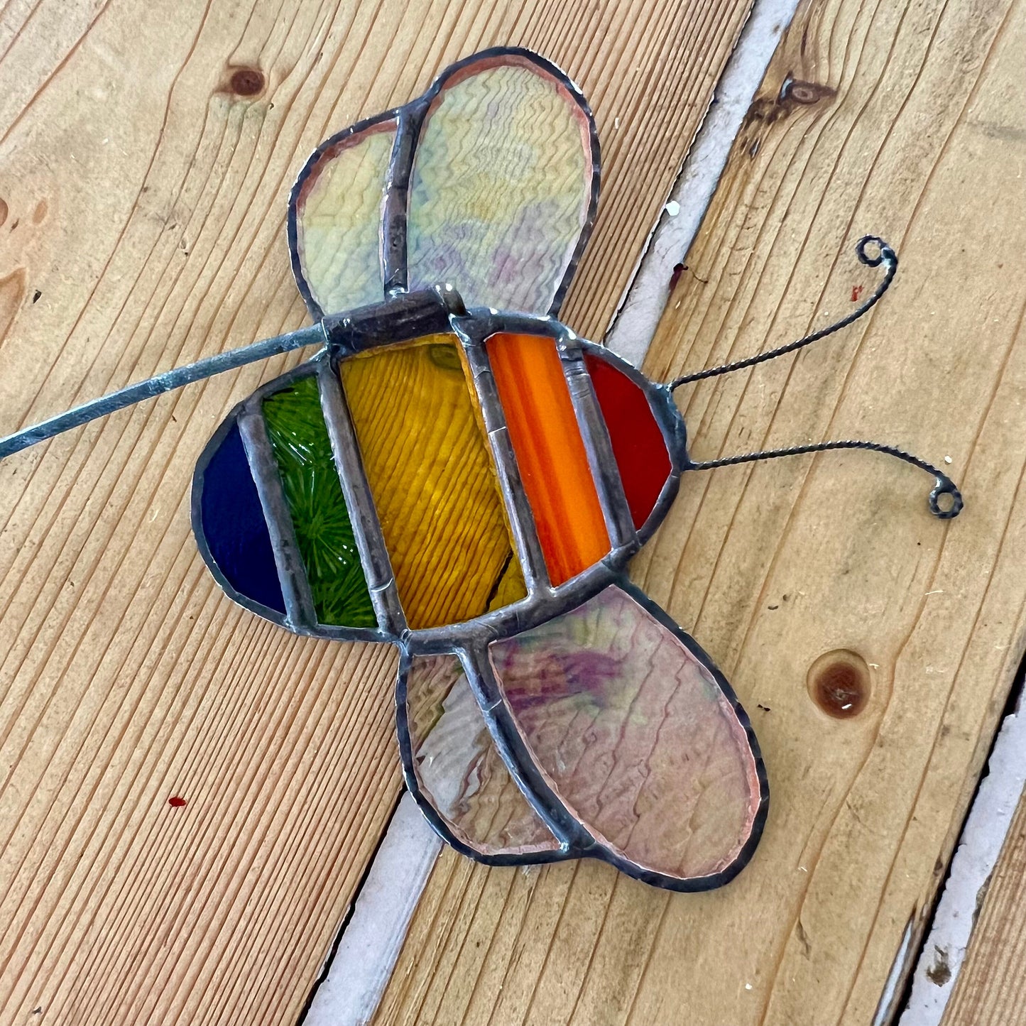 Rainbow Stained Glass Bee Plant Stake, Iridescent Garden Decor