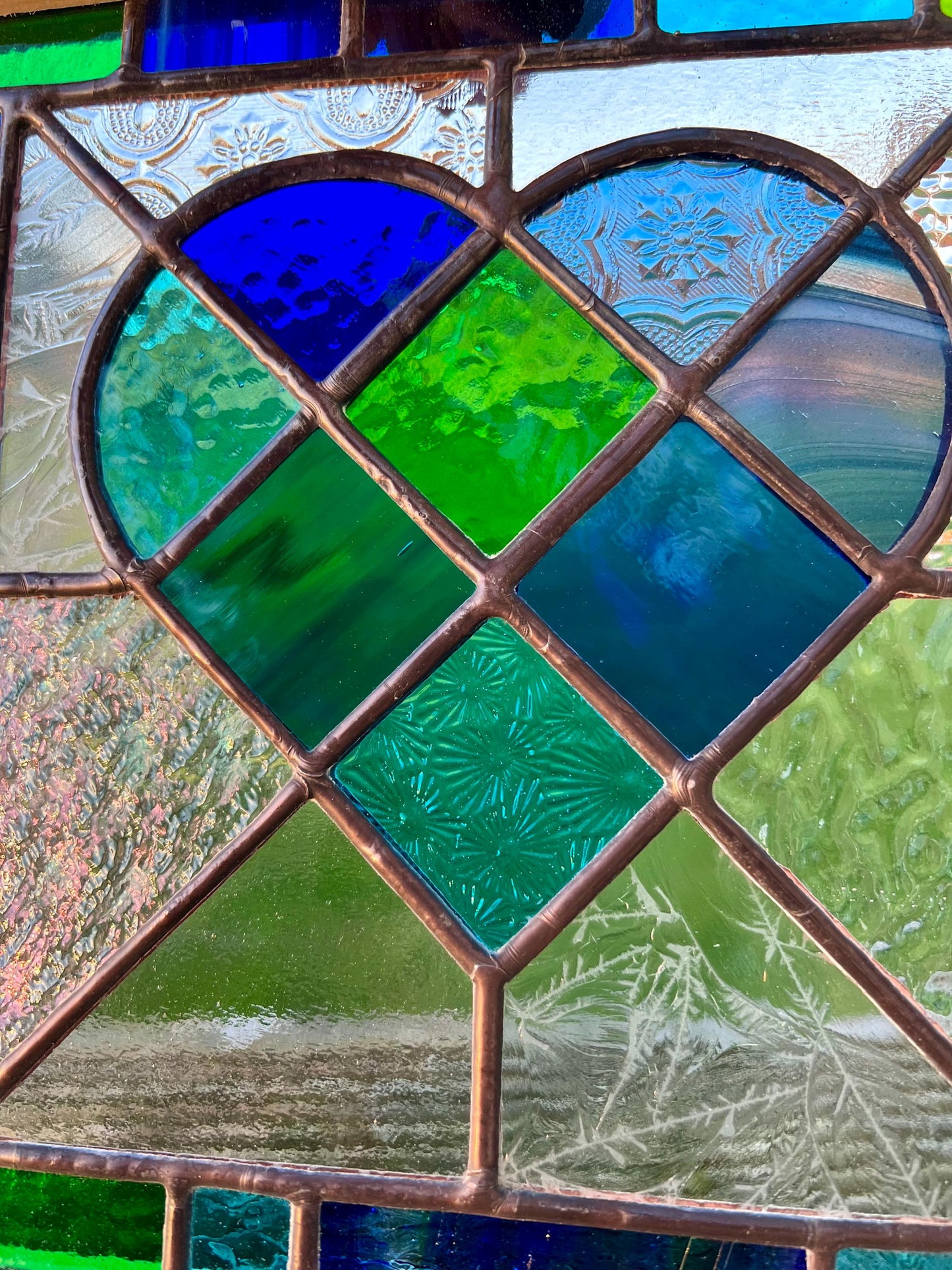 Framed Stained Glass Heart: Blue & Green Patchwork, Handcrafted Pine Frame