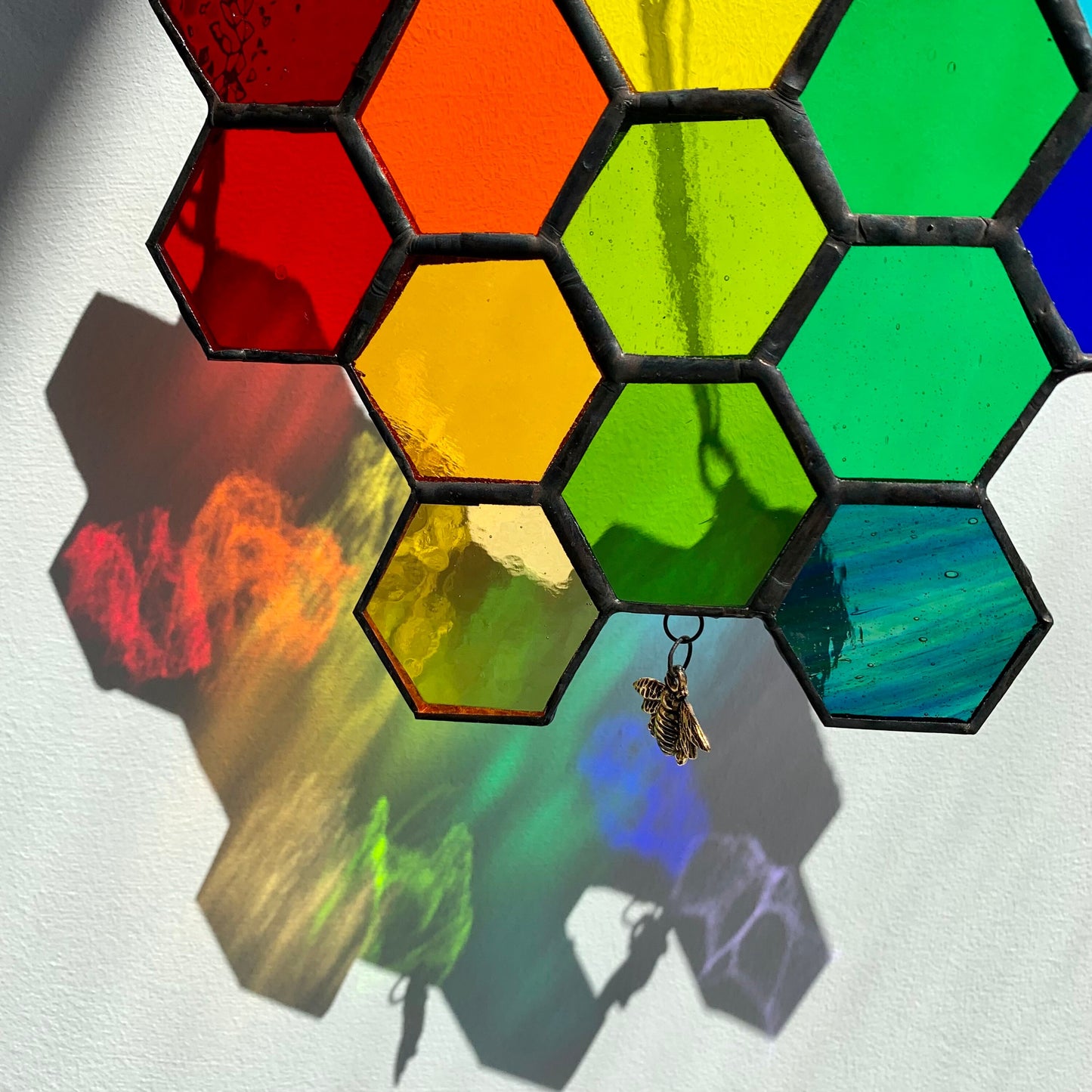 Rainbow Stained Glass Honeycomb Suncatcher with Bees