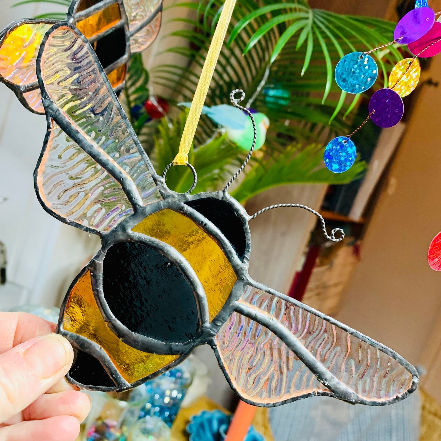 Stained Glass Bee Suncatcher, Iridescent Amber & Black