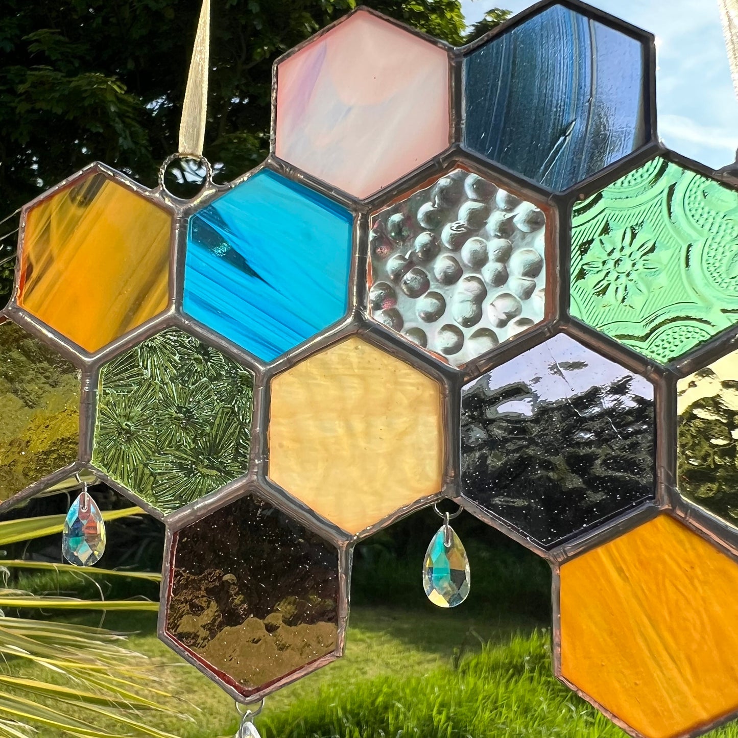 Stained Glass Honeycomb Suncatcher: Pastel Iridescent Glass Droplets