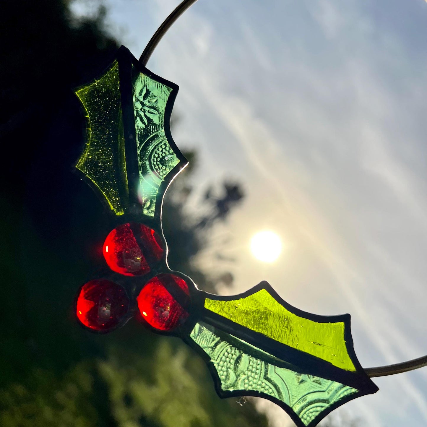 Stained Glass mini Christmas Wreath Holly Wreath
