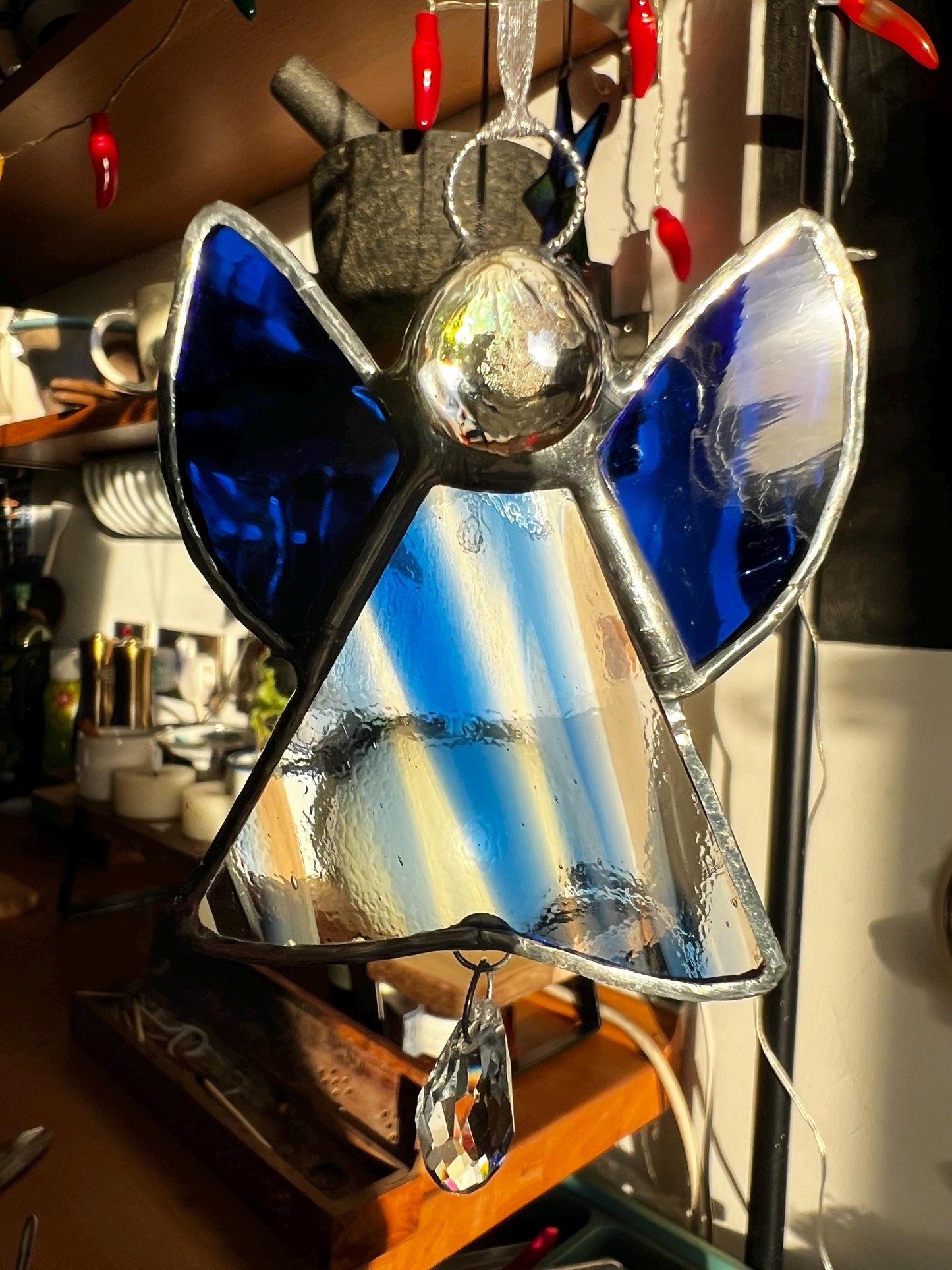 Blue Stained Glass Angel Suncatcher with Prism – Handmade Window Ornament