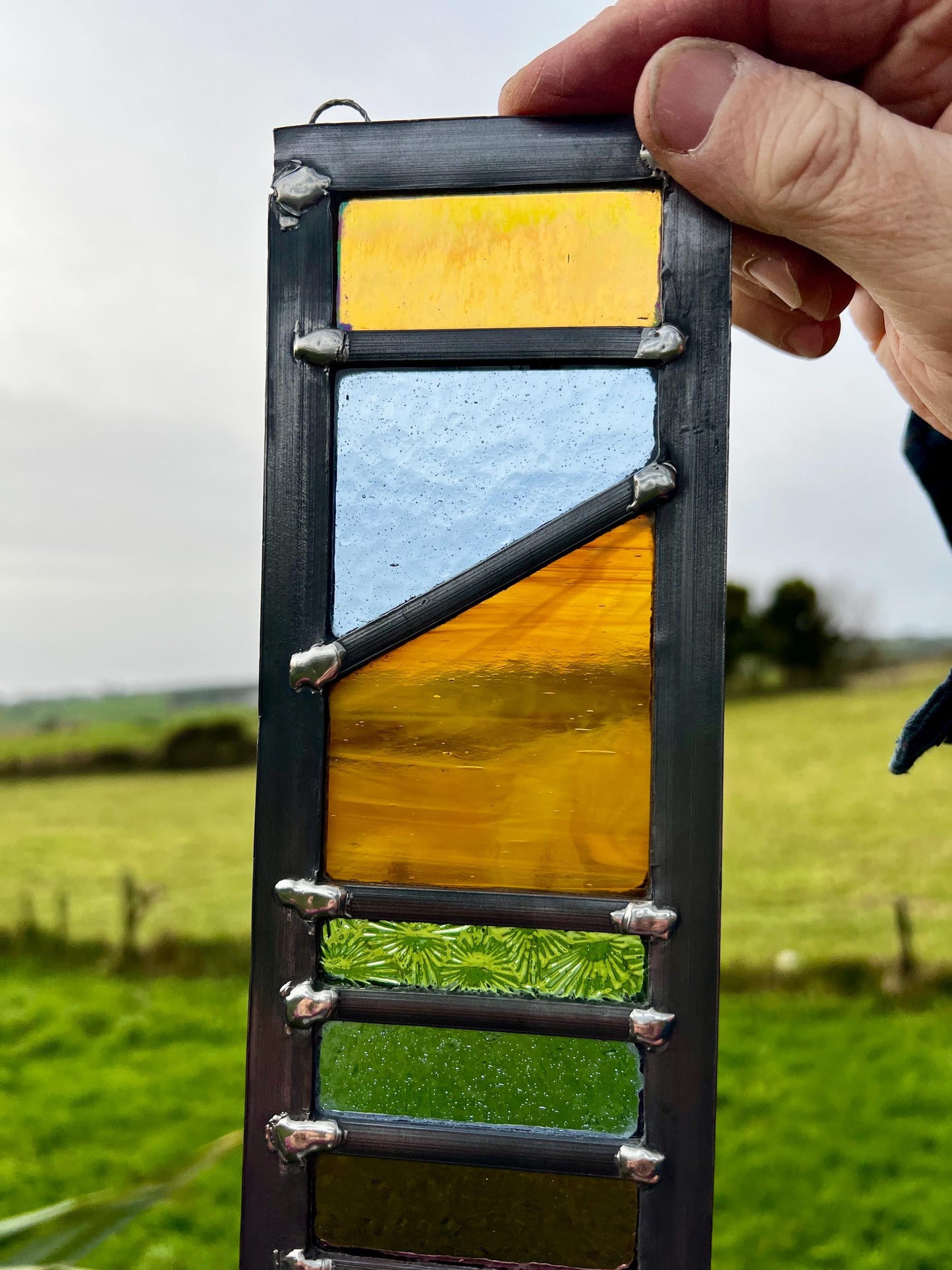 Handcrafted Leaded Stained Glass Garden Panel, Honey Blue Plum Green
