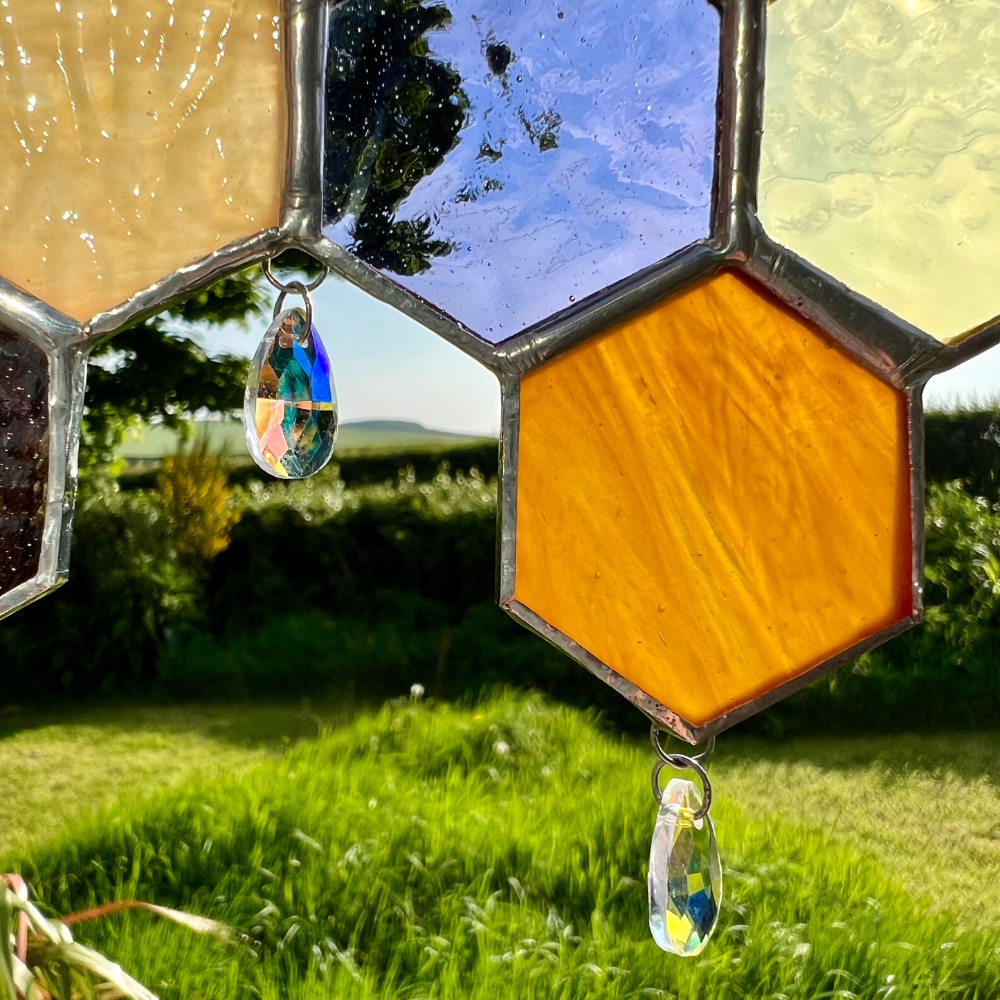 Stained Glass Honeycomb Suncatcher: Pastel Iridescent Glass Droplets