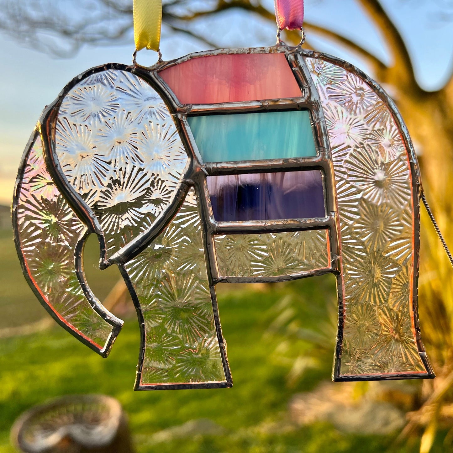 Pretty Elephant Stained Glass Suncatcher in shades of purple with iridescent ..
