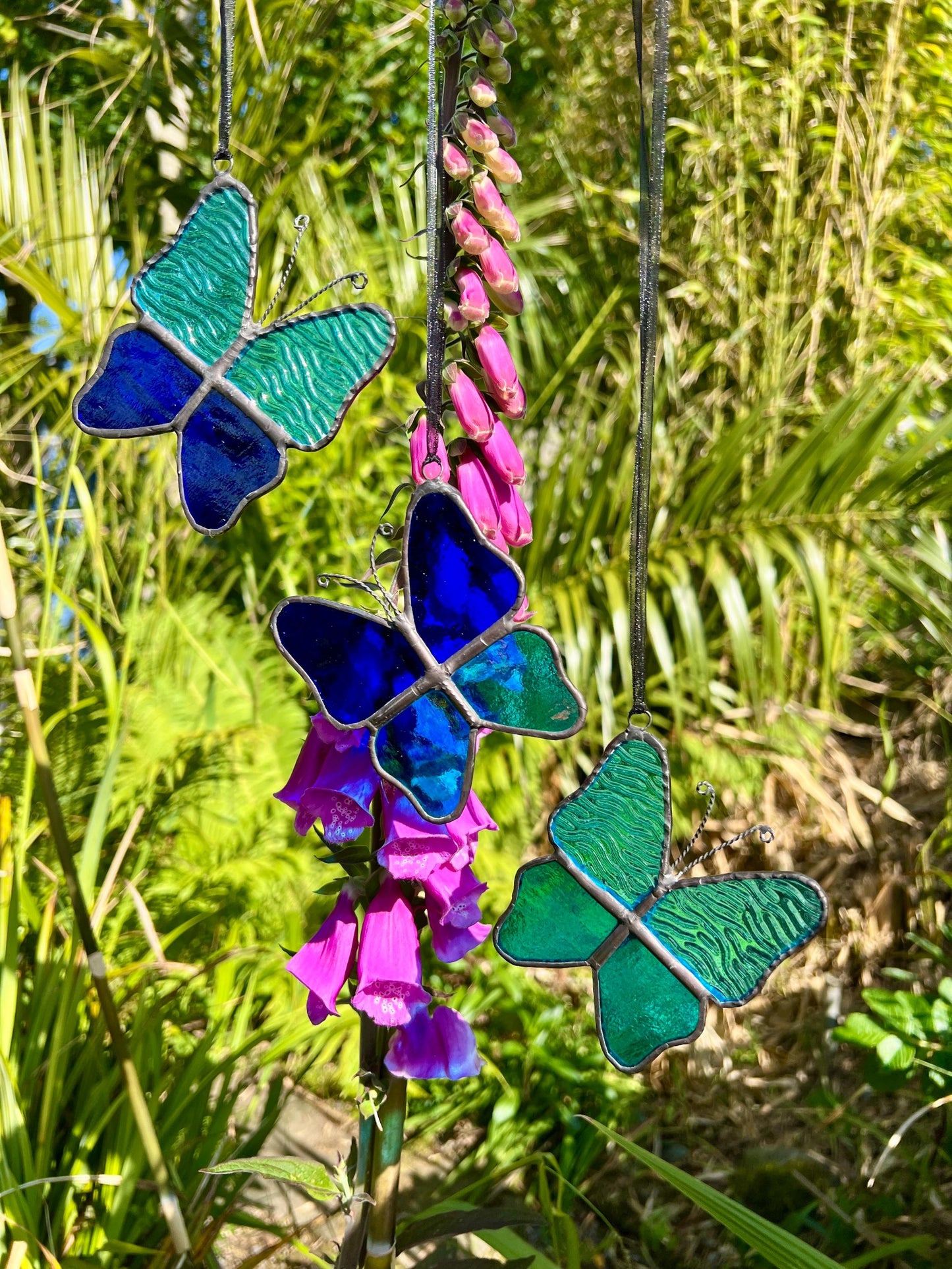 Stained Glass Butterfly Set: Turquoise & Cobalt Blue, Handcrafted