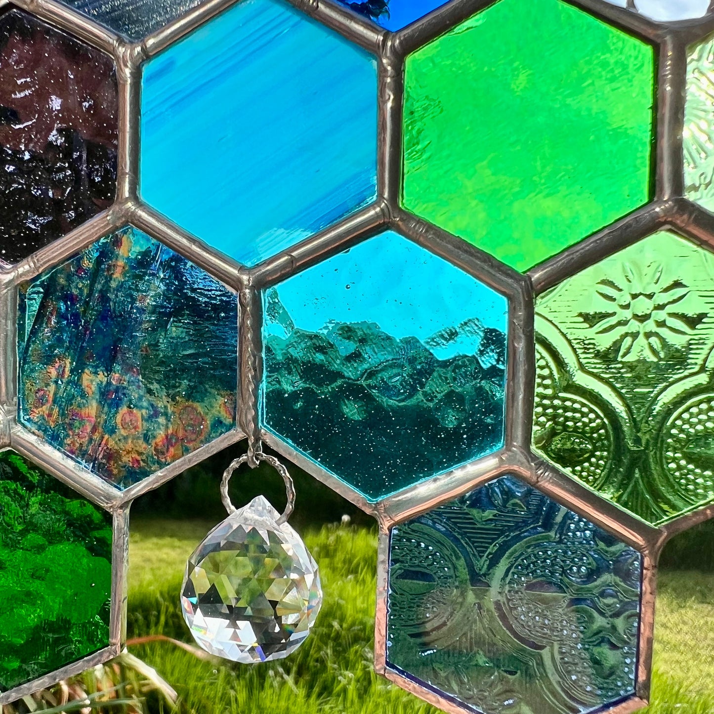 Stained Glass Honeycomb Suncatcher, Iridescent Glass Prism, Gift for Gardener