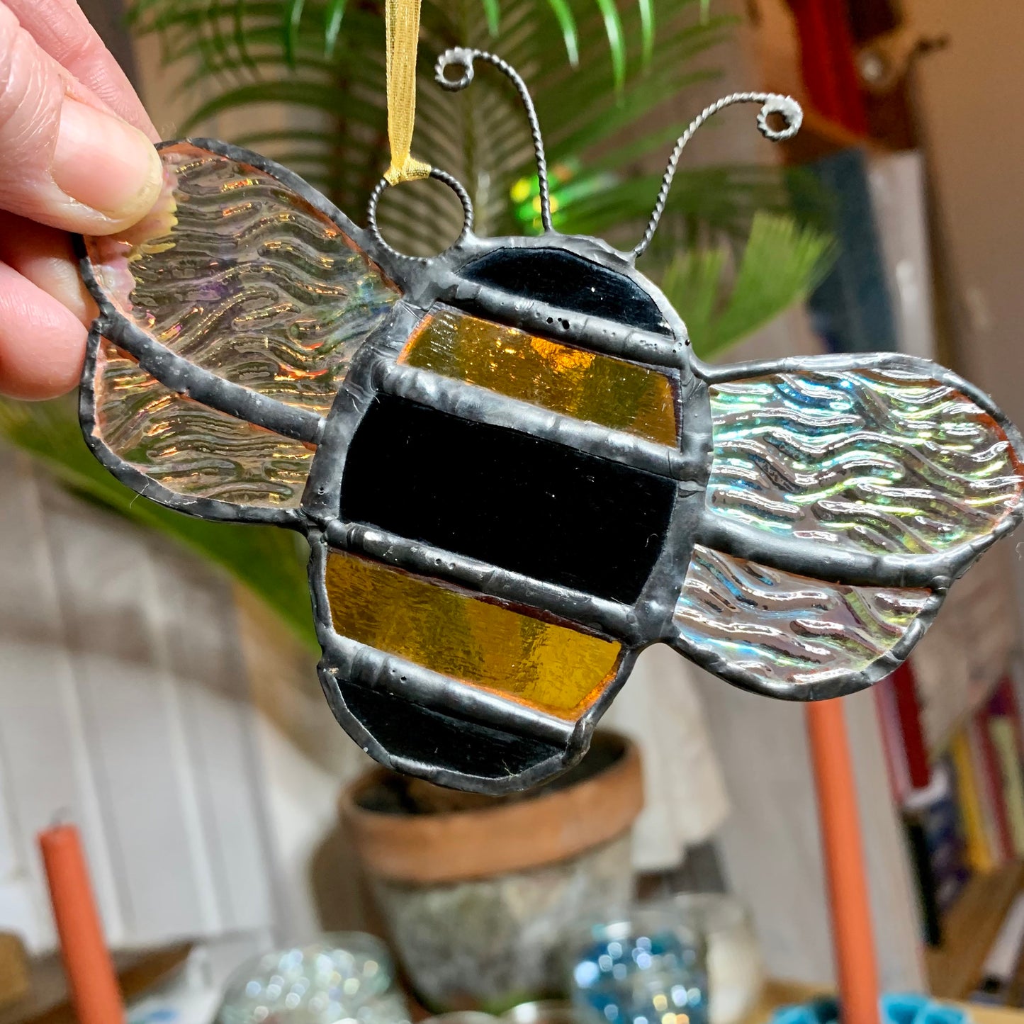 Stained Glass Bee Suncatcher, Iridescent Wings, Nature Lover Gift