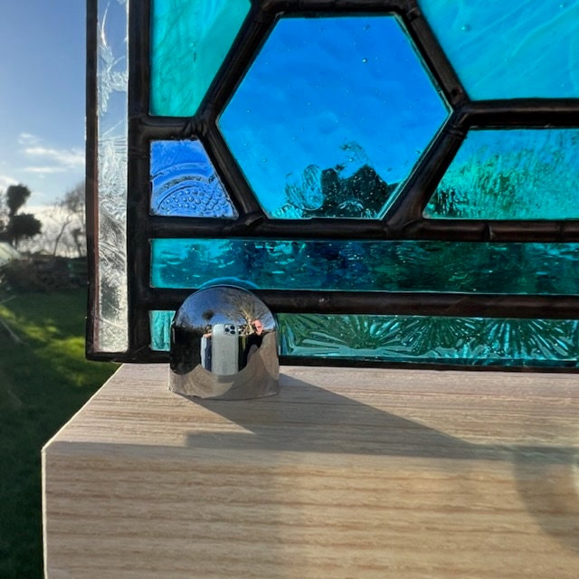 Stained Glass Honeycomb Panel in deep  blues and turquoise including lots of textures.