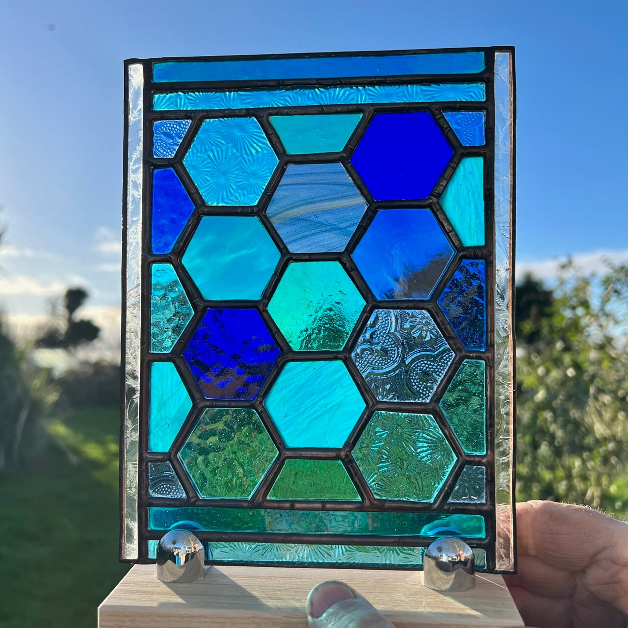 Stained Glass Honeycomb Panel in deep  blues and turquoise including lots of textures.