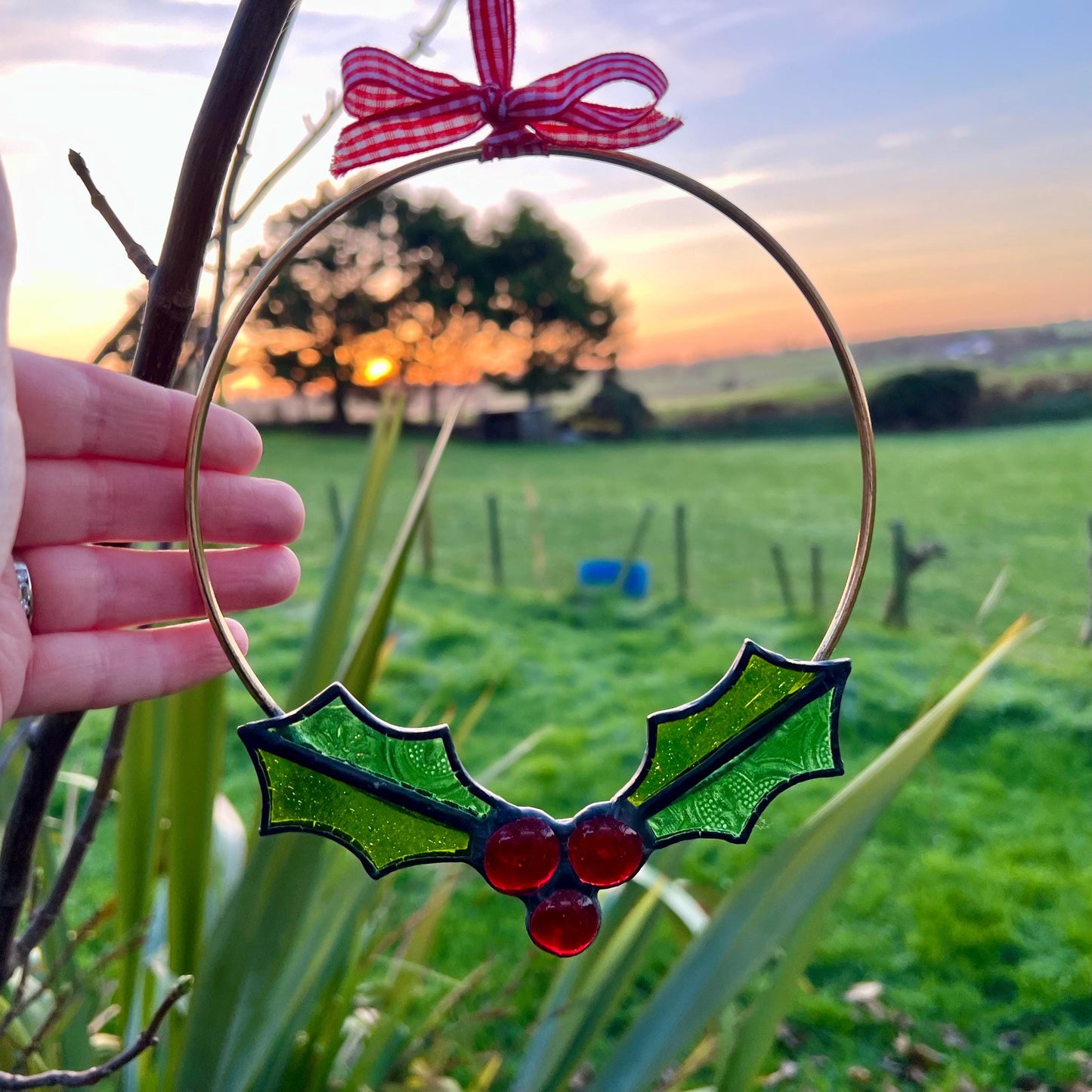 Stained Glass mini Christmas Wreath Holly Wreath