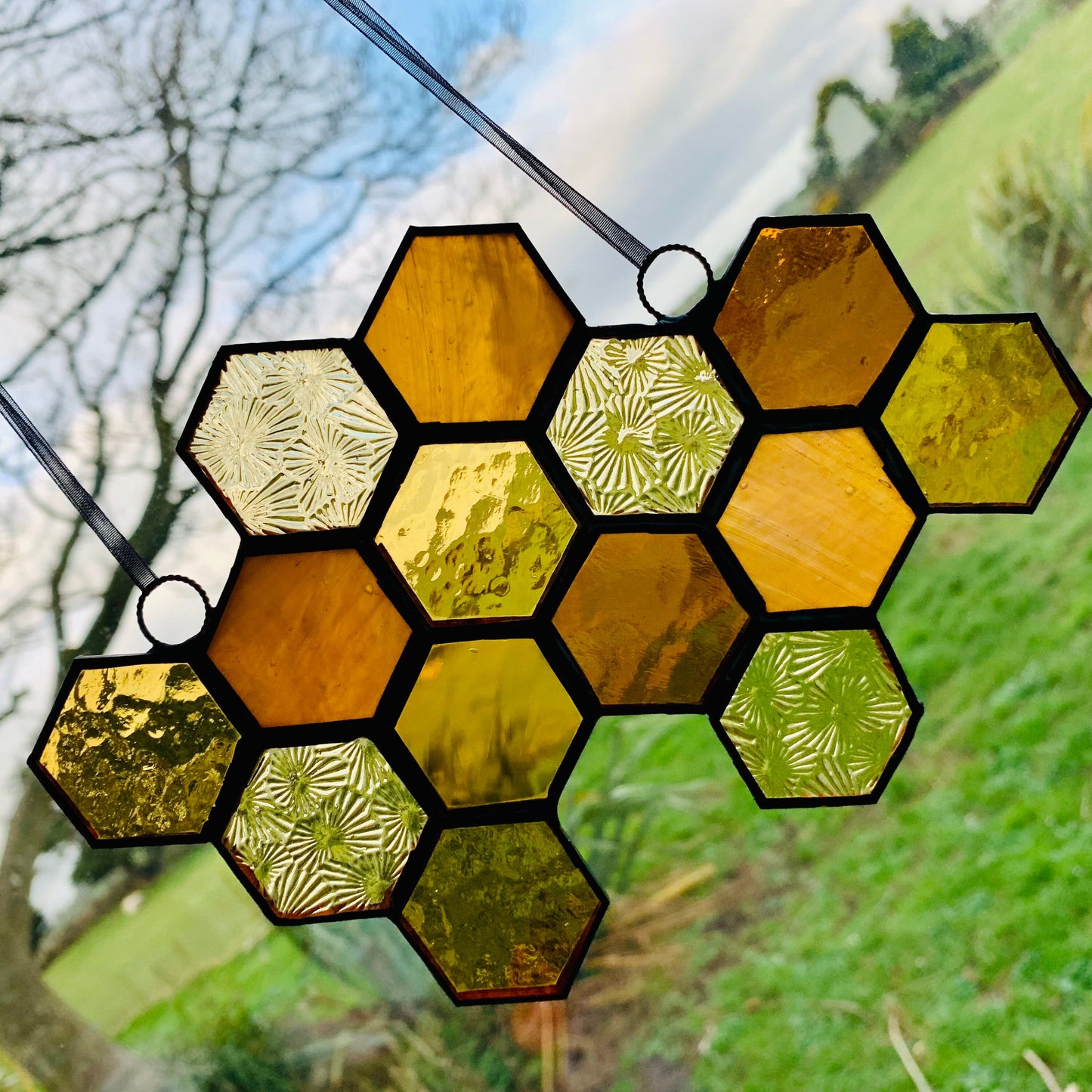 Stained Glass Honeycomb Suncatcher Gift for Gardener Golden Anniversary