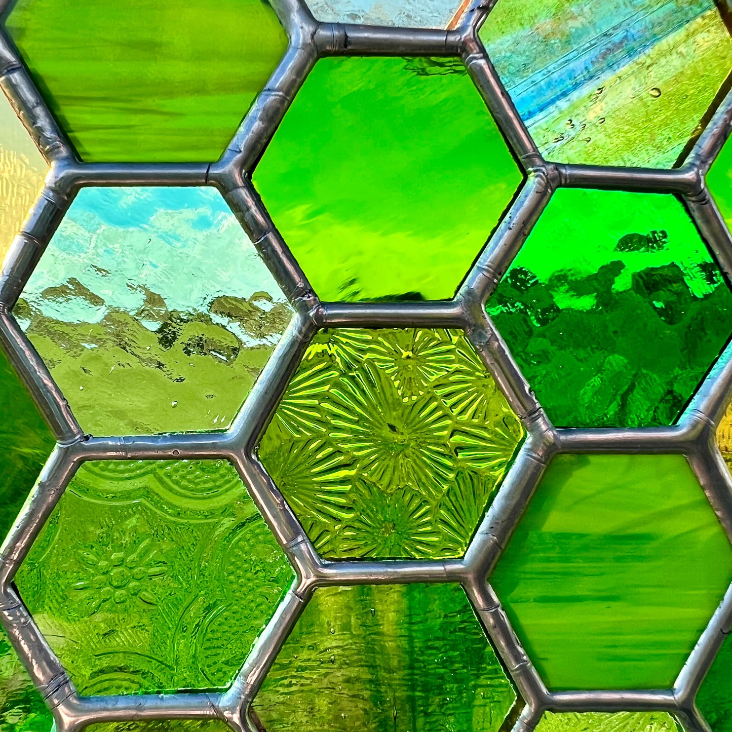 Stained Glass Honeycomb Panel in gorgeous greens including lots of textures.