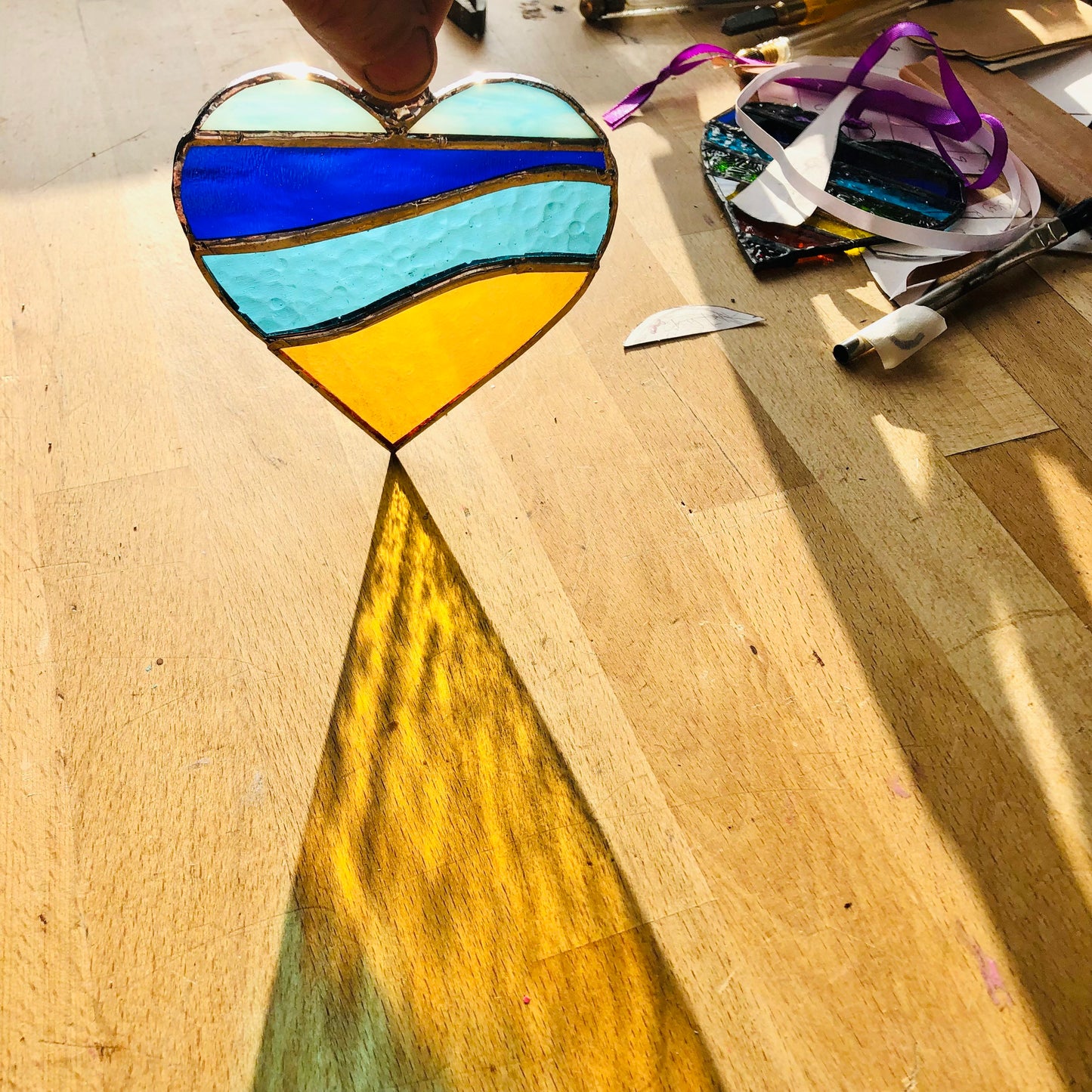 Beachscape /Seascape Stained Glass Heart Suncatcher Beach Lover