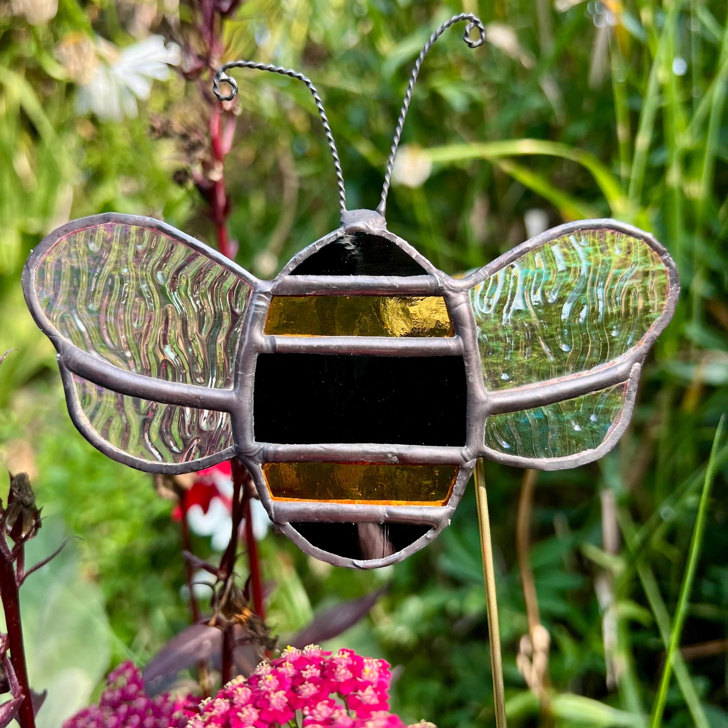 Stained Glass Bee Plant Stake: Iridescent Wings, Garden Decor