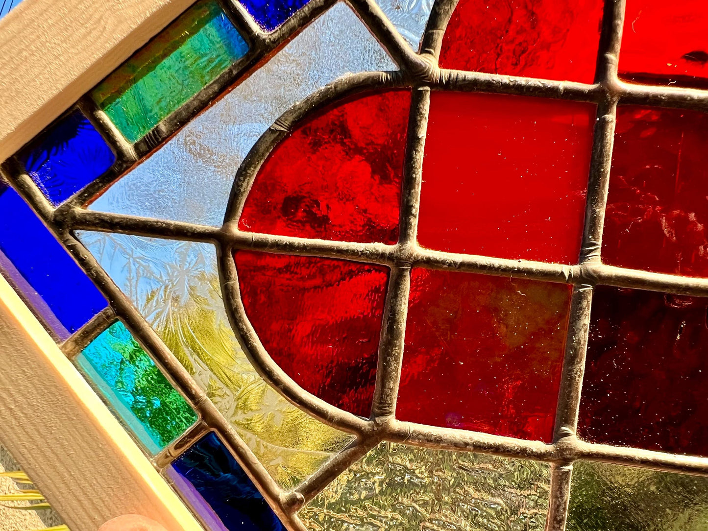 Handcrafted Stained Glass Heart: Ruby Red, Cobalt & Turquoise Border