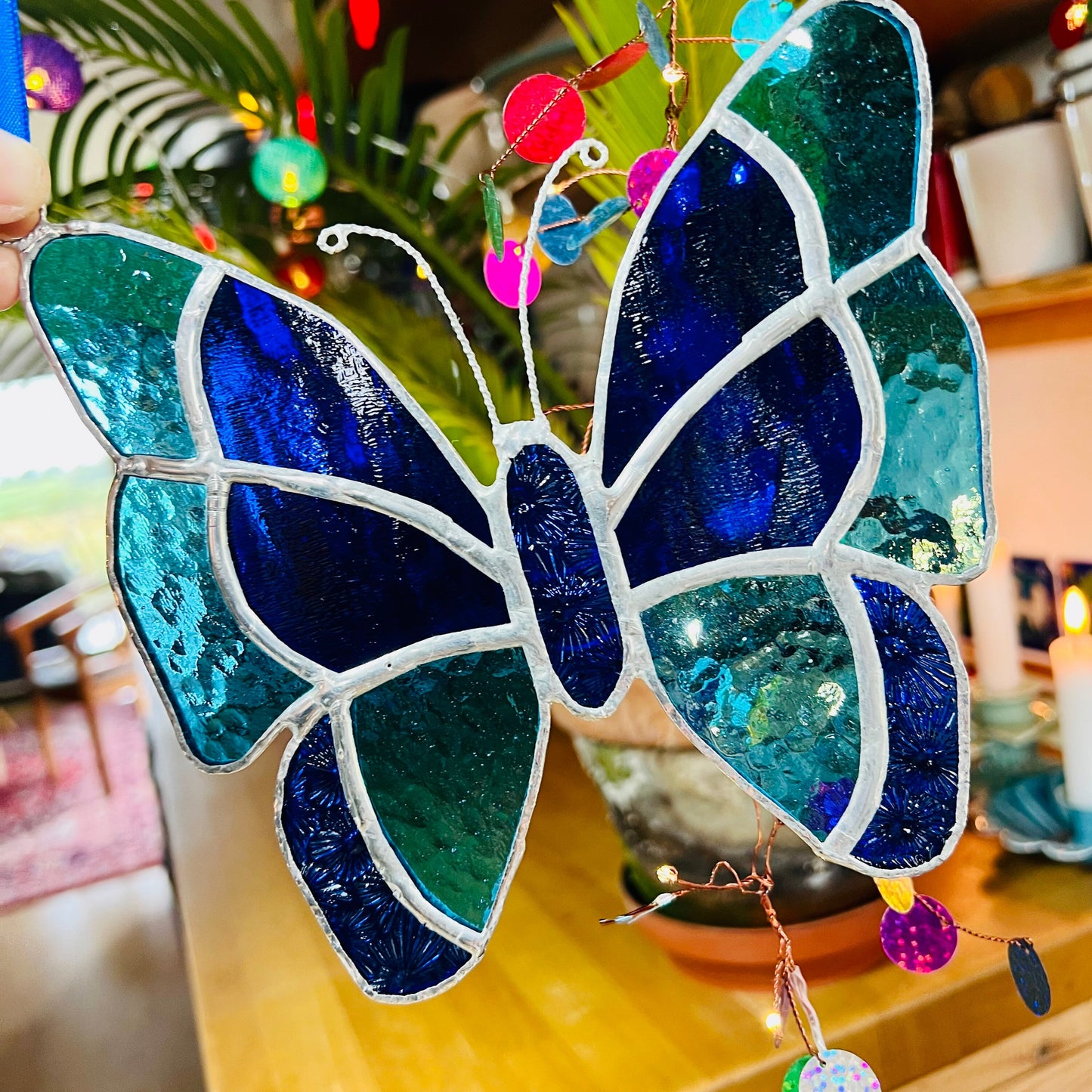 Blue Stained Glass Butterfly Suncatcher, Turquoise Cobalt Window Hanging
