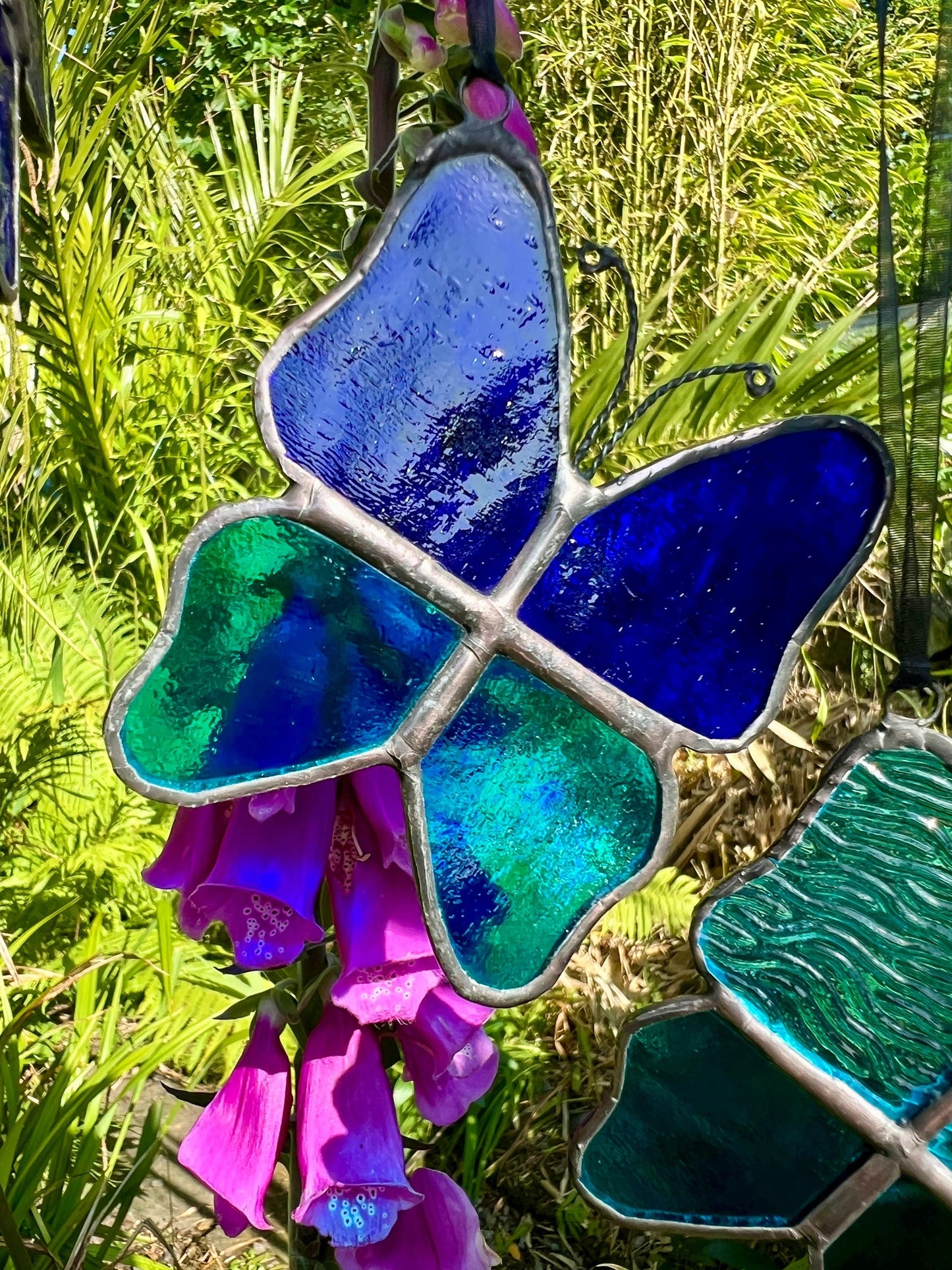 Stained Glass Butterfly Set: Turquoise & Cobalt Blue, Handcrafted