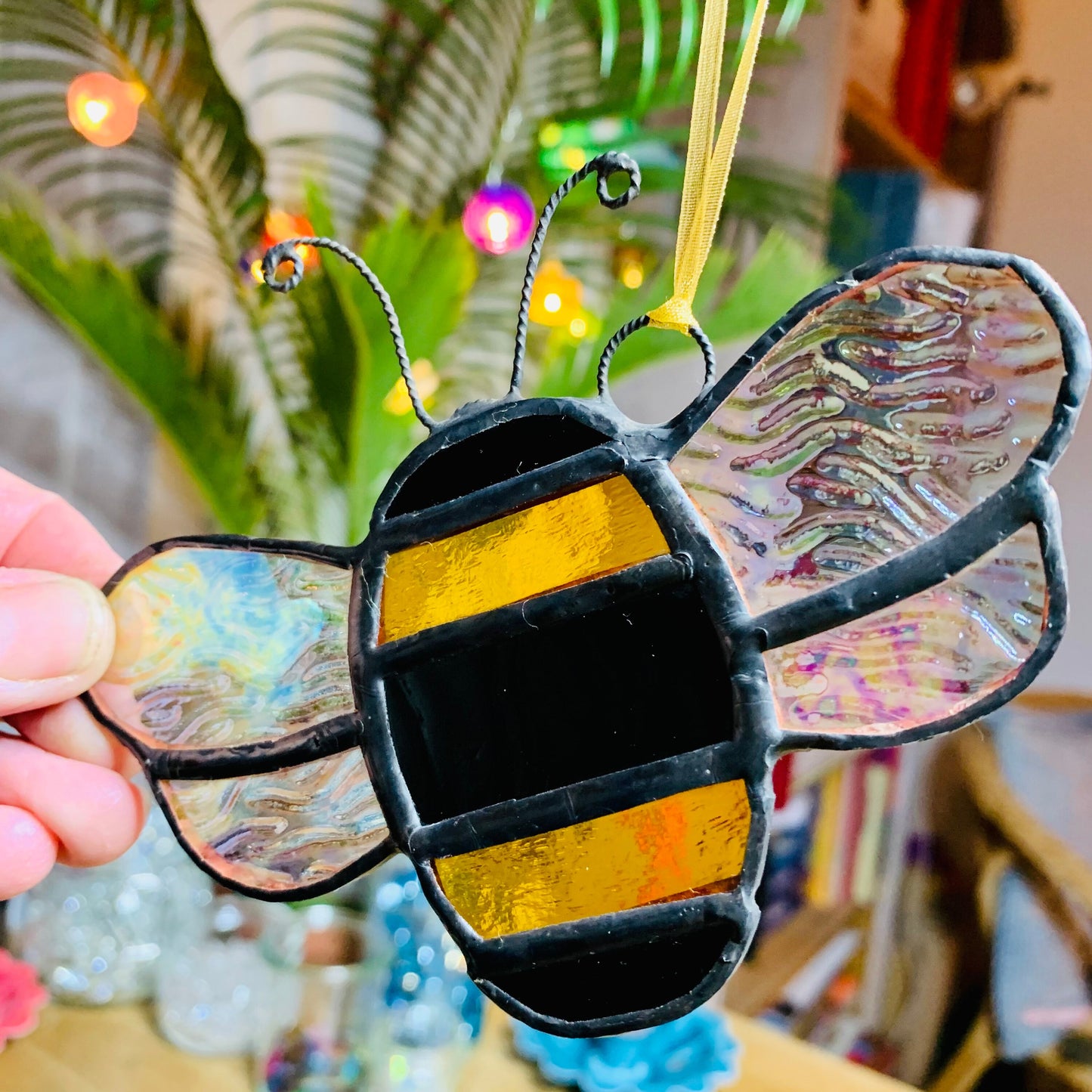 Stained Glass Bee Suncatcher, Iridescent Wings, Nature Lover Gift
