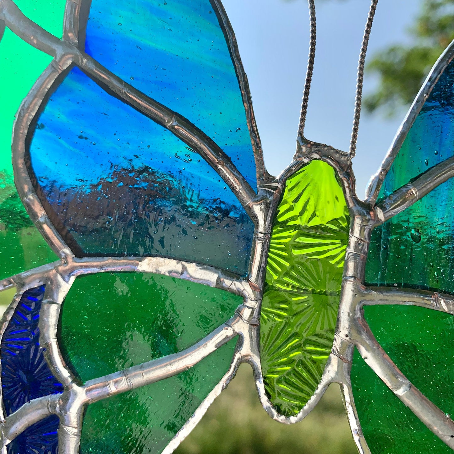 Green Stained Glass Butterfly Suncatcher: Handcrafted Window Decor