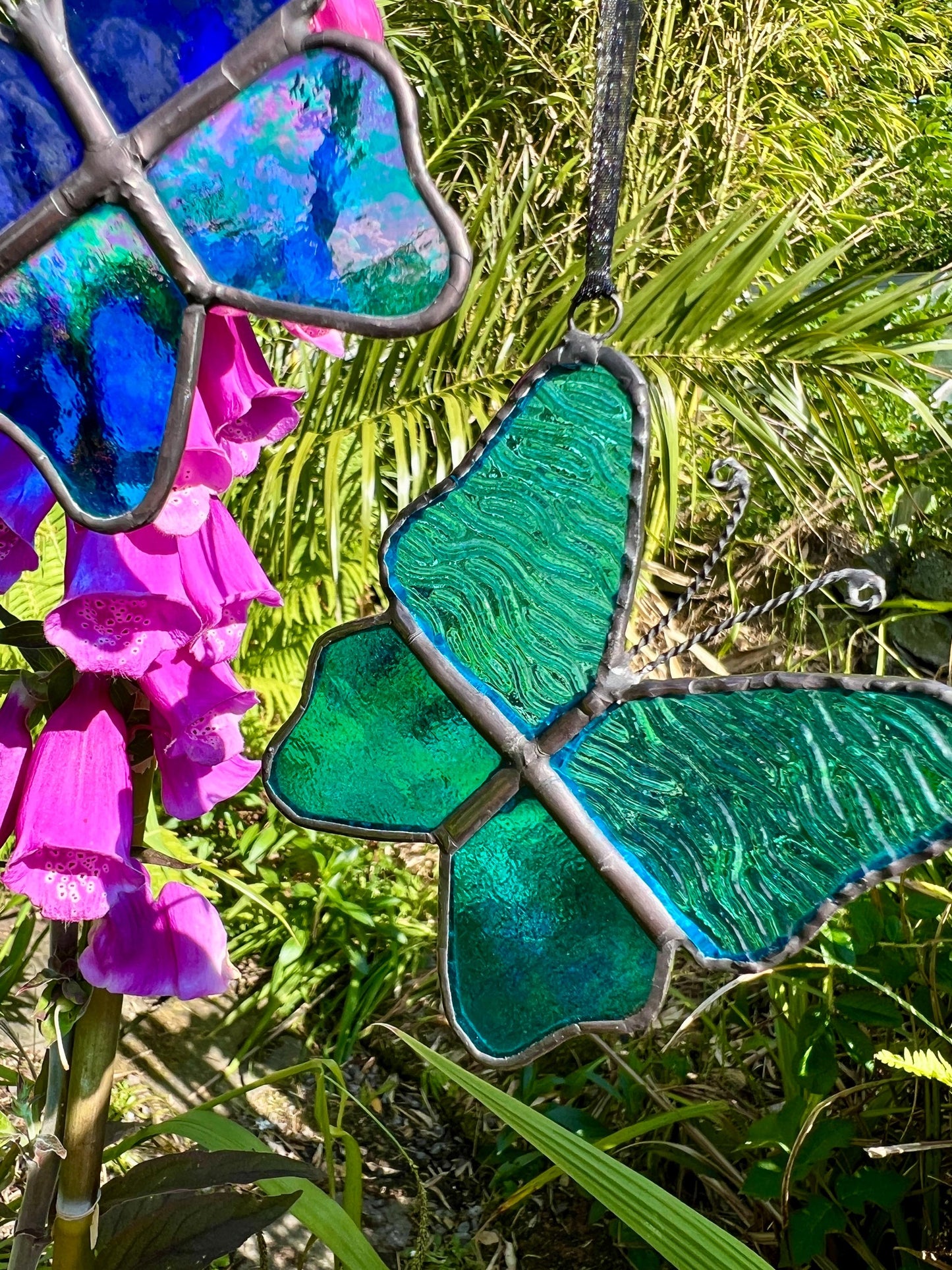 Stained Glass Butterfly Set: Turquoise & Cobalt Blue, Handcrafted