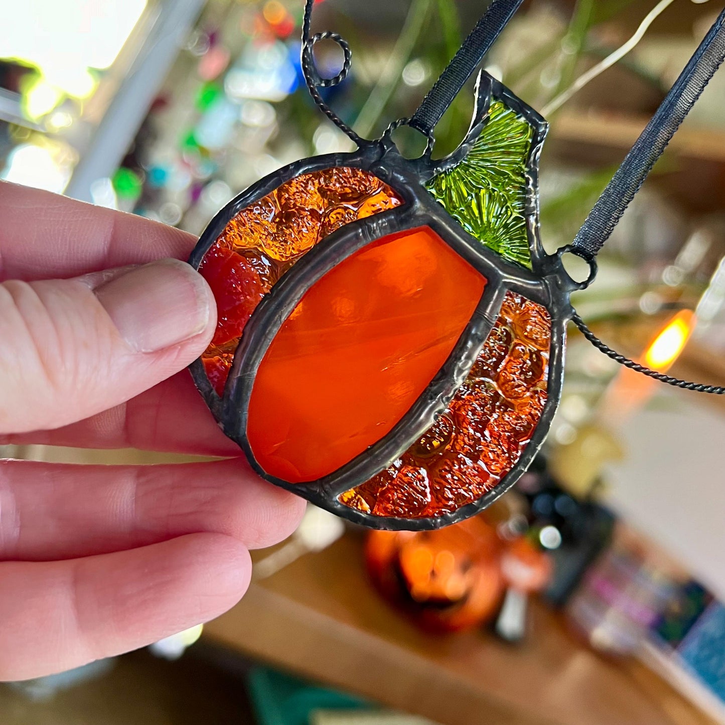 Stained Glass Pumpkin Suncatcher: Halloween Ornament/Decoration