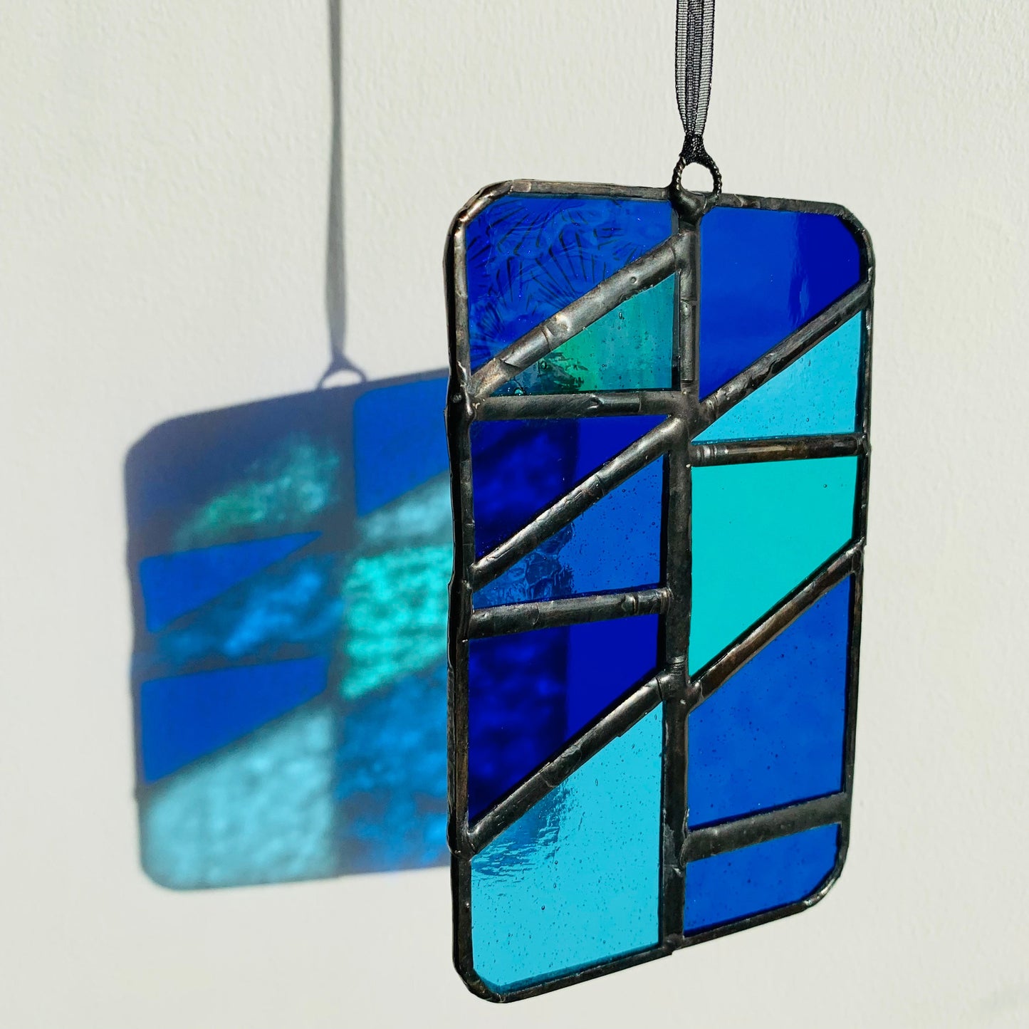 Handcrafted Stained Glass Suncatcher: Ocean Blue Geometric Design