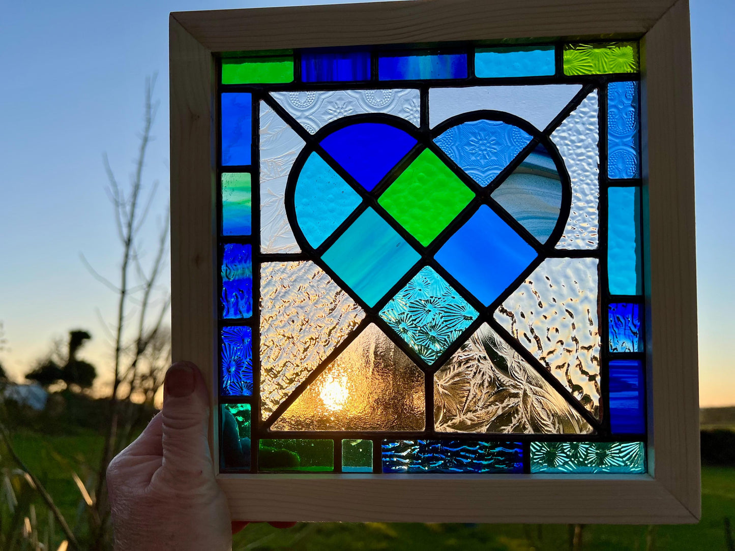 Framed Stained Glass Heart: Blue & Green Patchwork, Handcrafted Pine Frame