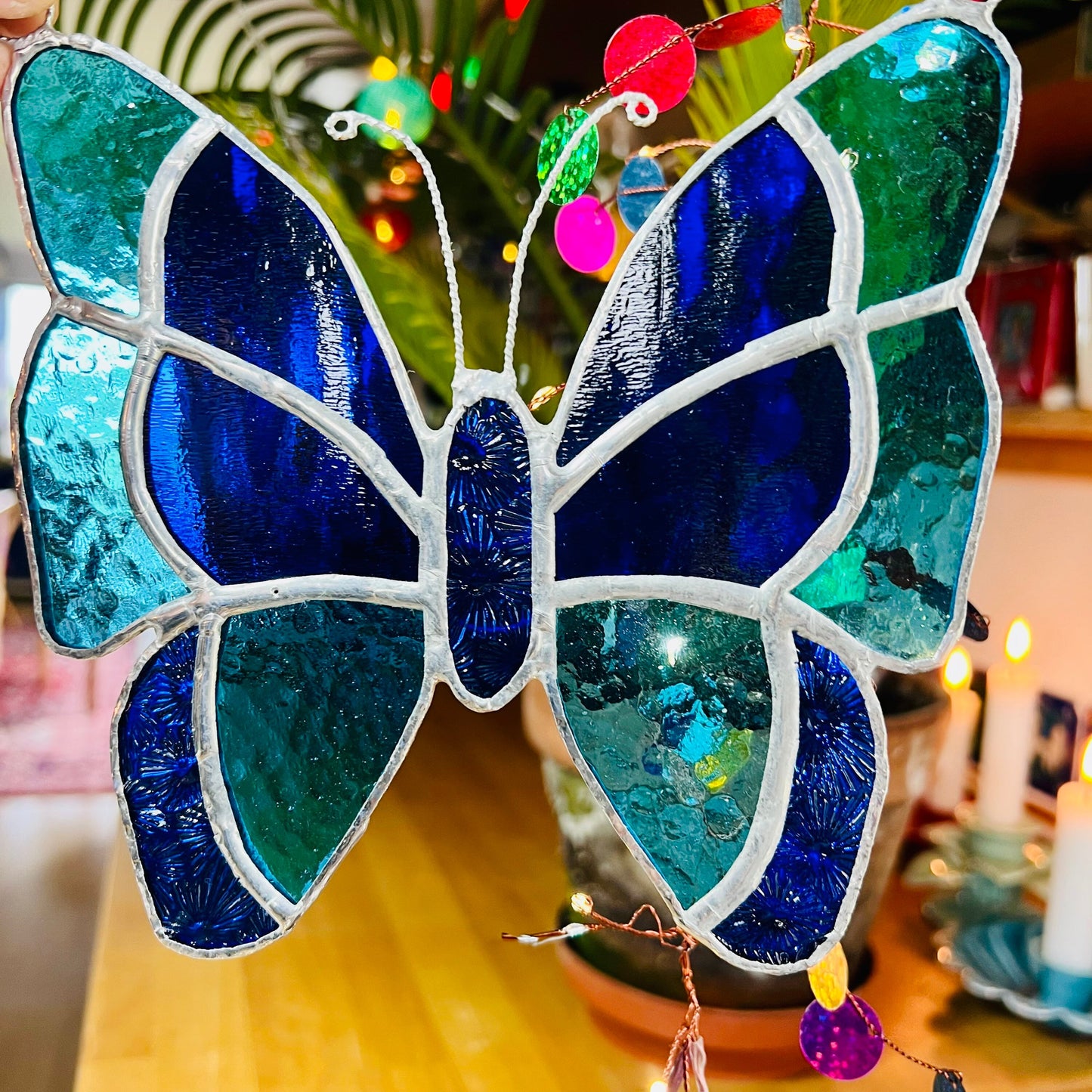 Blue Stained Glass Butterfly Suncatcher, Turquoise Cobalt Window Hanging