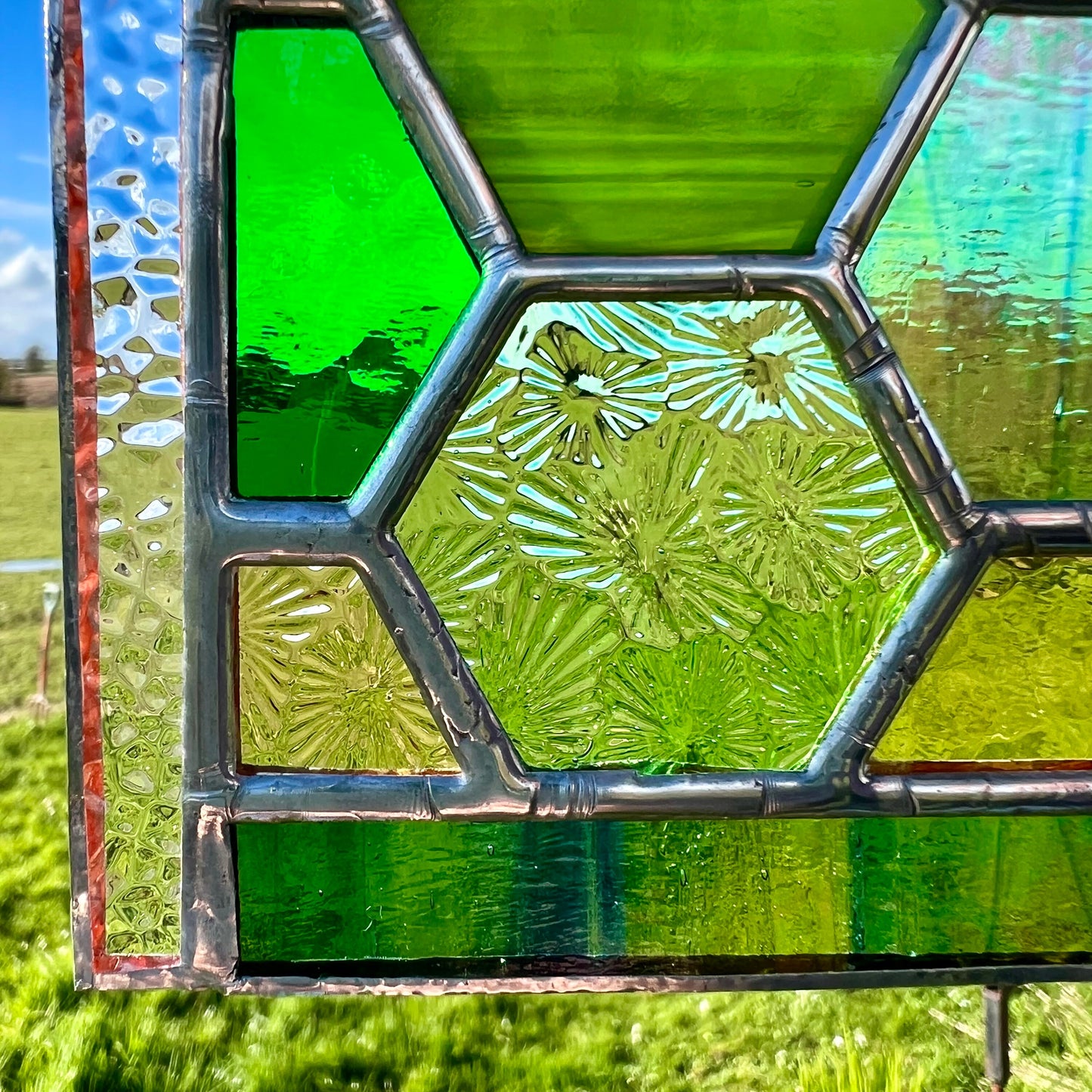 Stained Glass Honeycomb Panel in gorgeous greens including lots of textures.