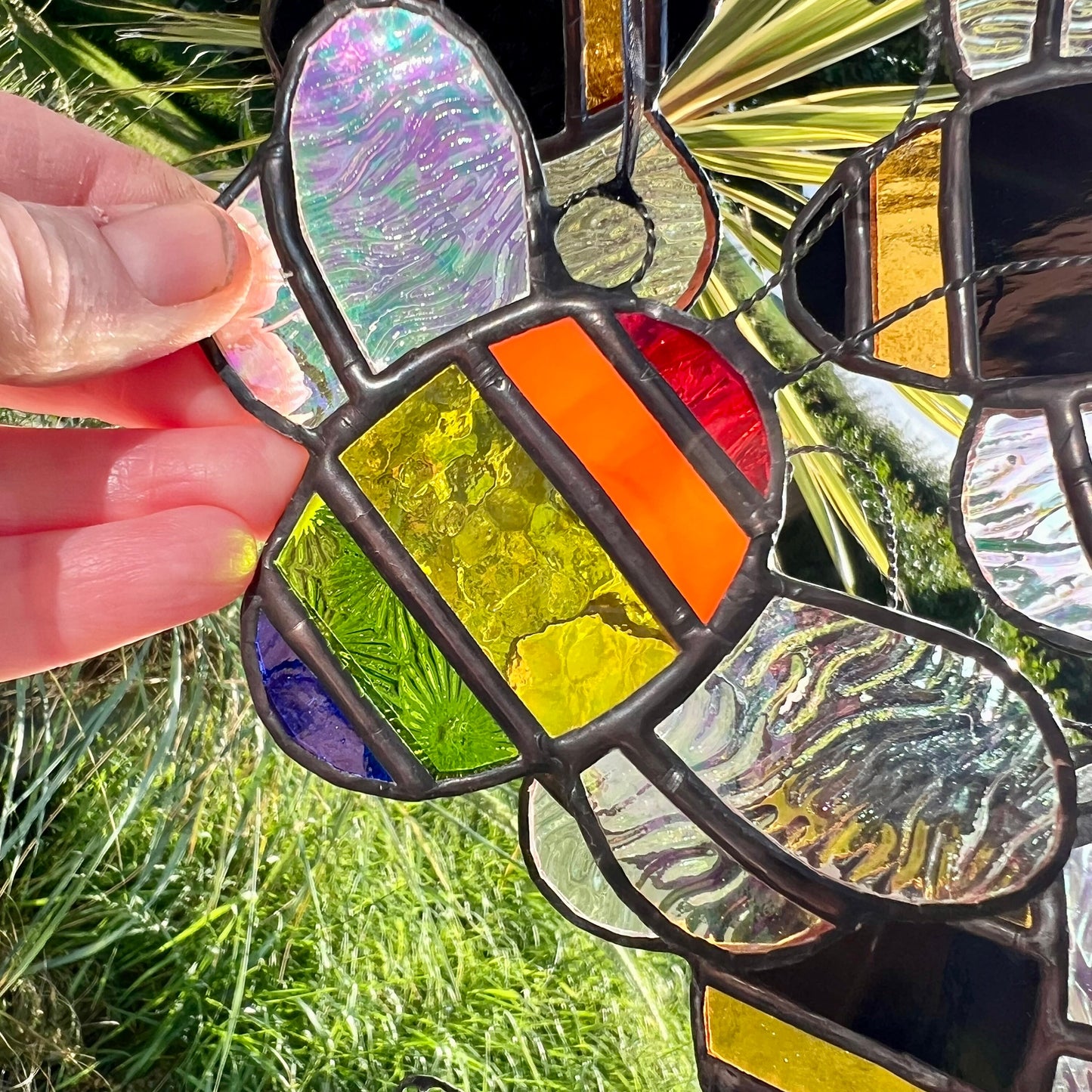 Rainbow Stained Glass Bee Suncatcher: Iridescent Window Decor