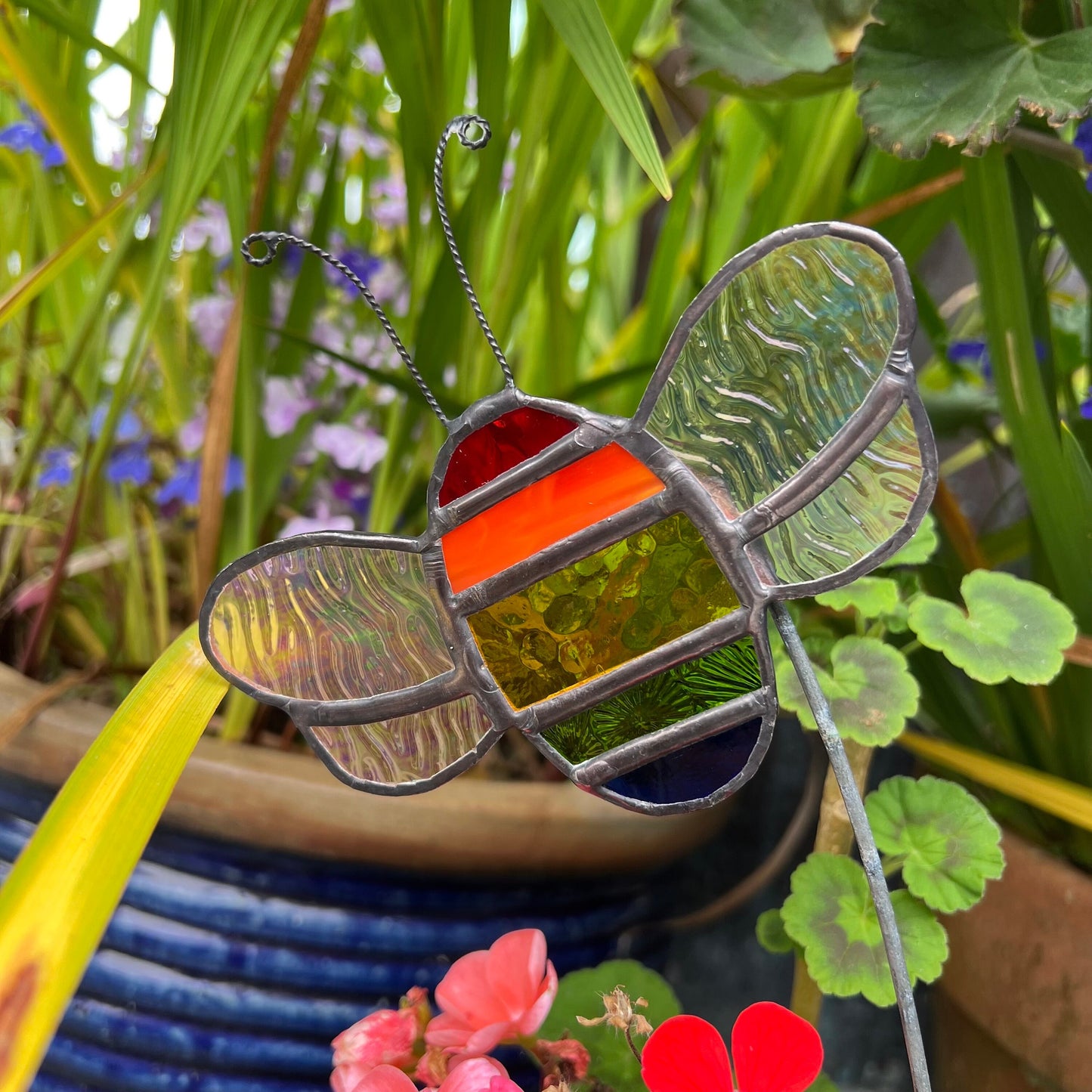 Rainbow Stained Glass Bee Plant Stake, Iridescent Garden Decor