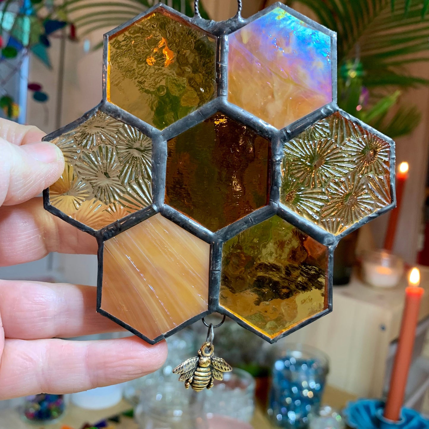 Honeycomb Stained Glass Suncatcher patchwork honeycomb