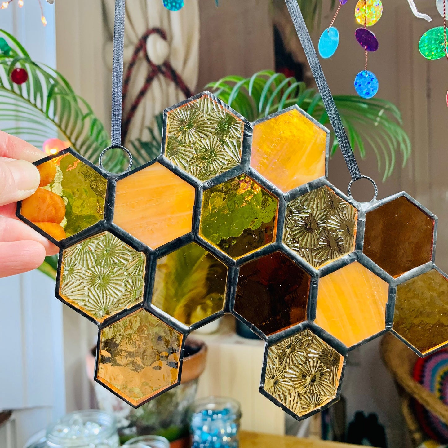 Stained Glass Honeycomb Suncatcher Gift for Gardener Golden Anniversary