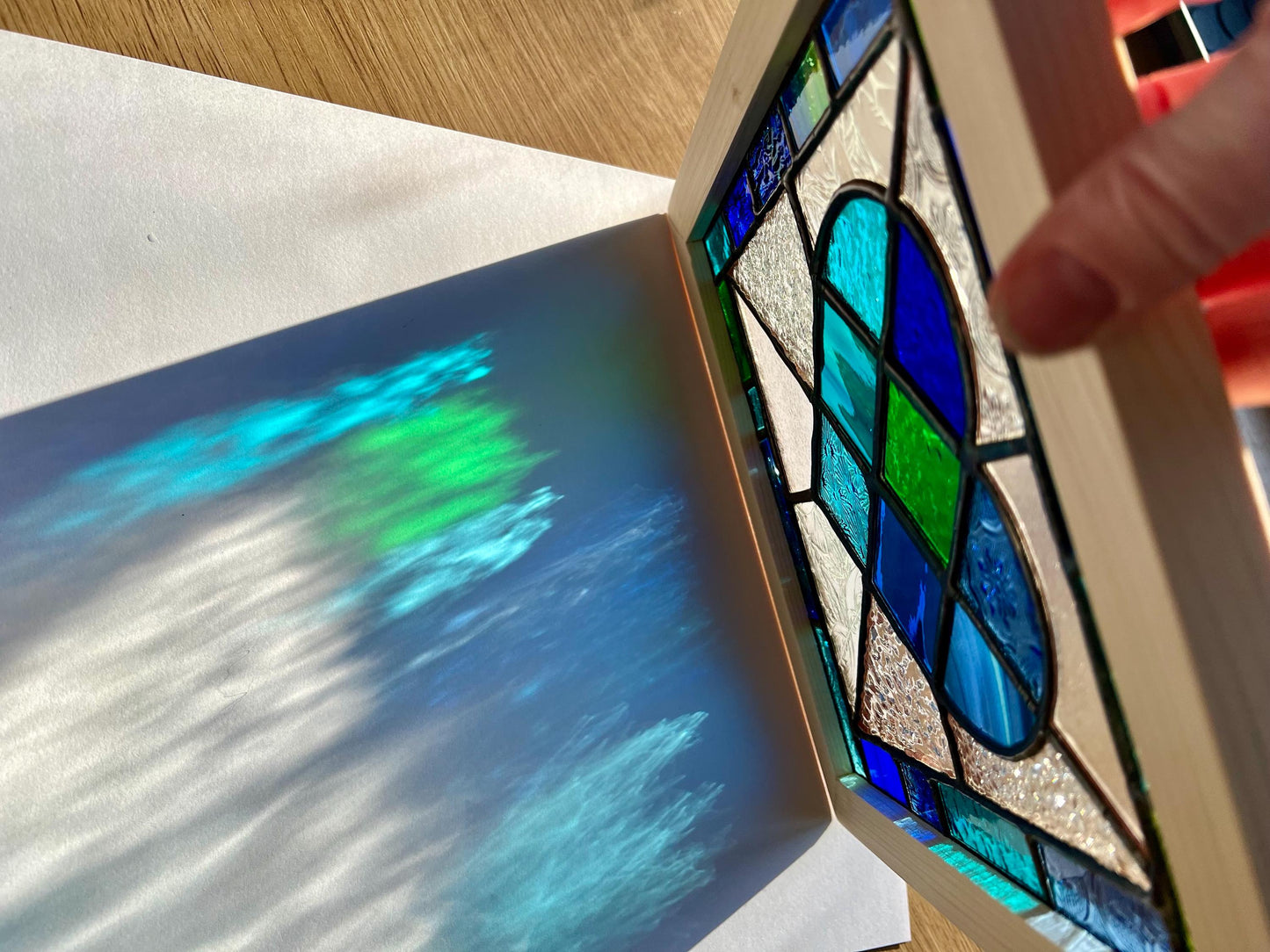 Framed Stained Glass Heart: Blue & Green Patchwork, Handcrafted Pine Frame