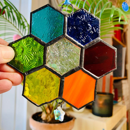 Rainbow Honeycomb Stained Glass Suncatcher with Prism