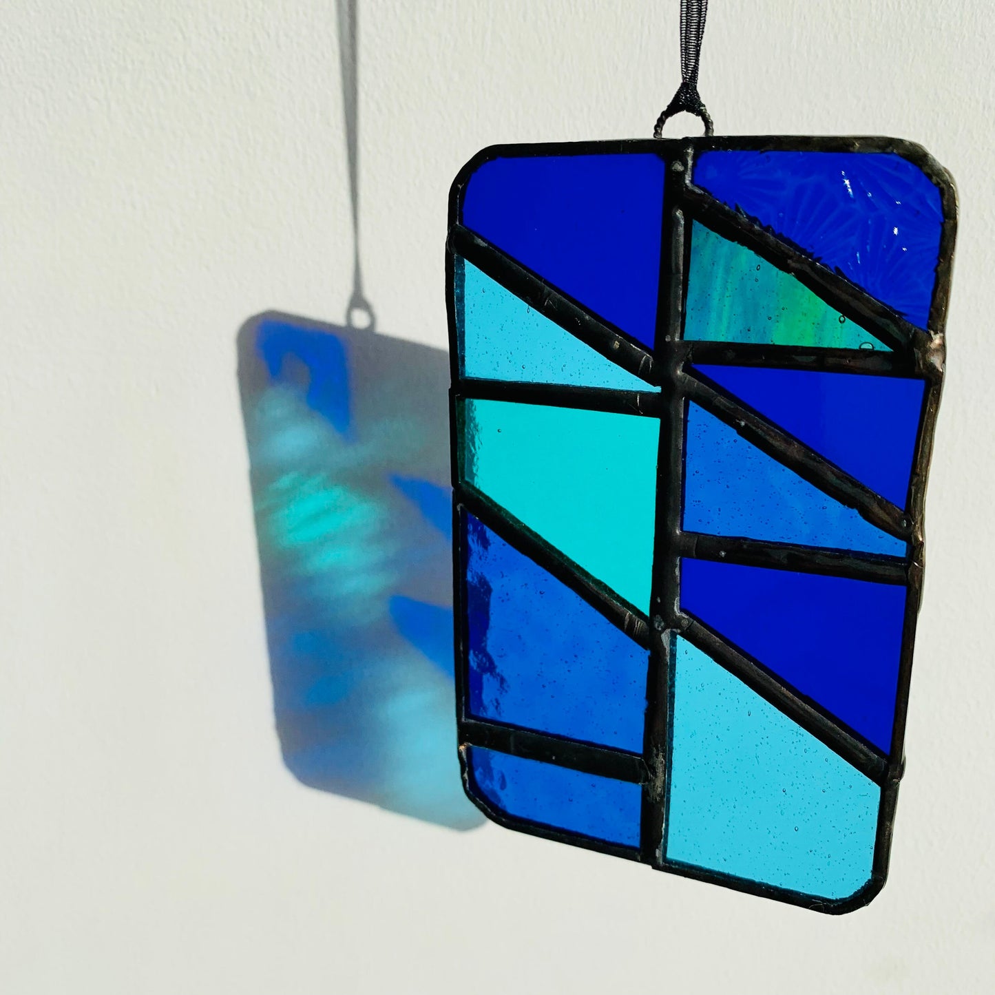 Handcrafted Stained Glass Suncatcher: Ocean Blue Geometric Design