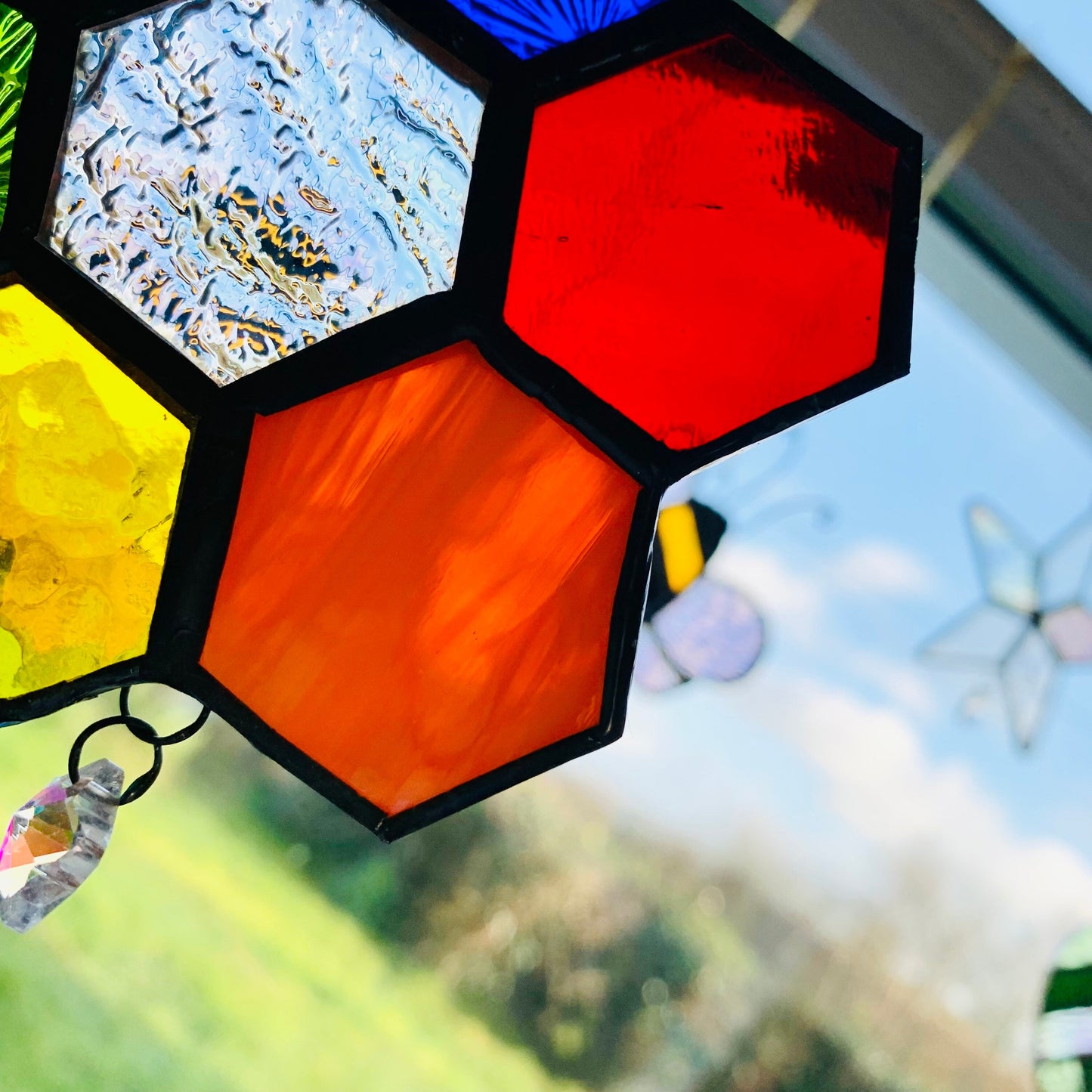 Rainbow Honeycomb Stained Glass Suncatcher with Prism