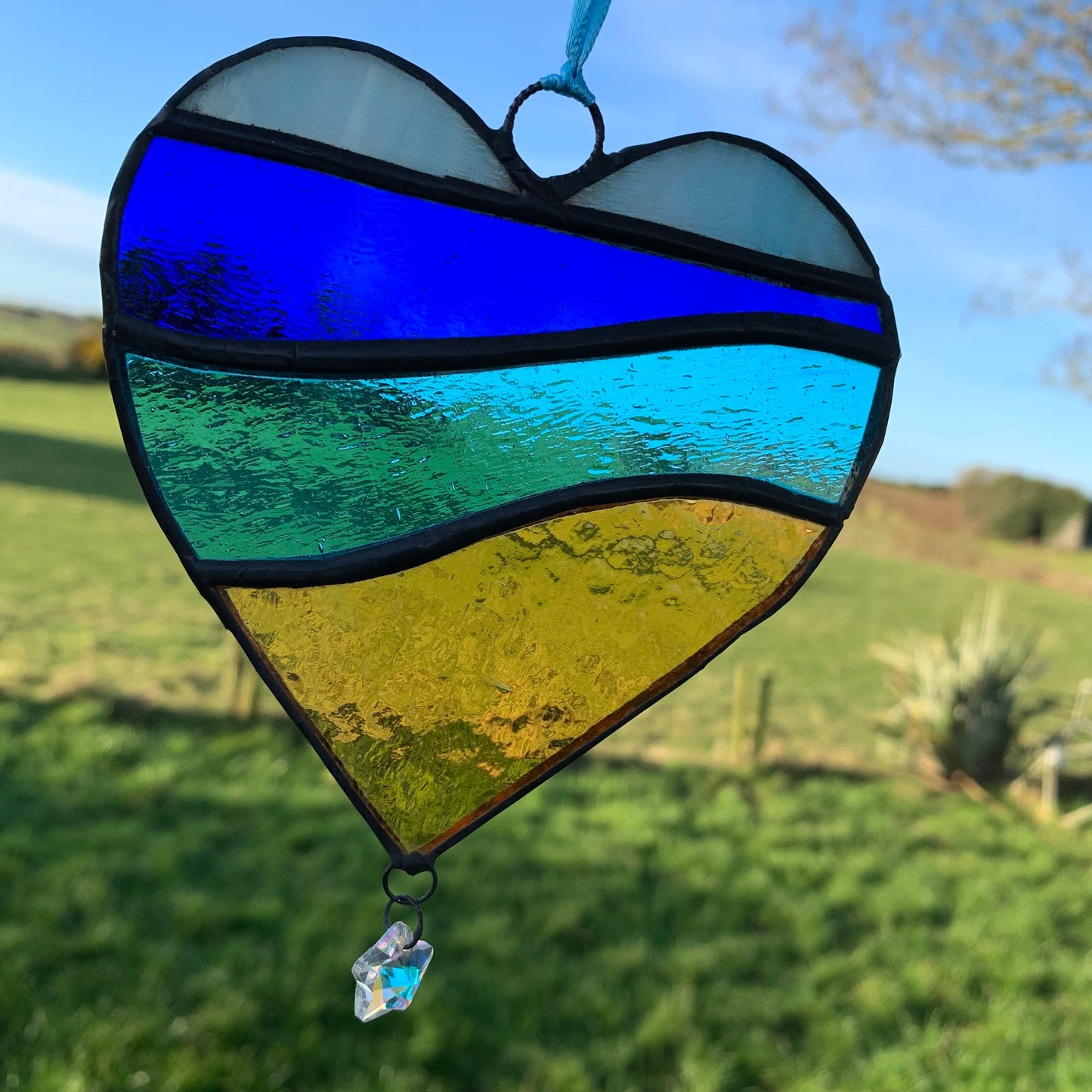 Stained Glass Heart Suncatcher: Sea Blue Colors, Star Prism
