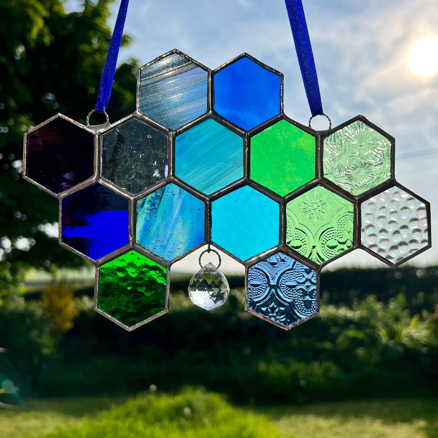 Stained Glass Honeycomb Suncatcher, Iridescent Glass Prism, Gift for Gardener