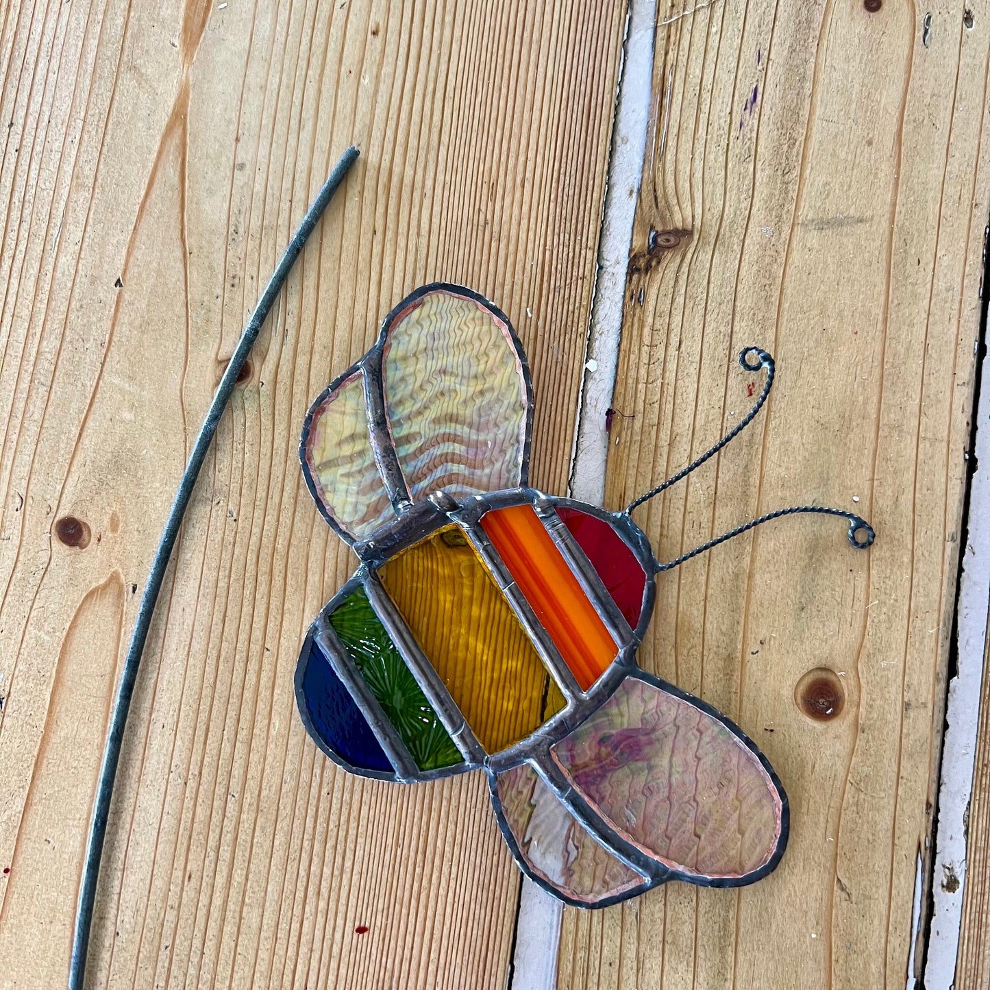 Rainbow Stained Glass Bee Plant Stake, Iridescent Garden Decor