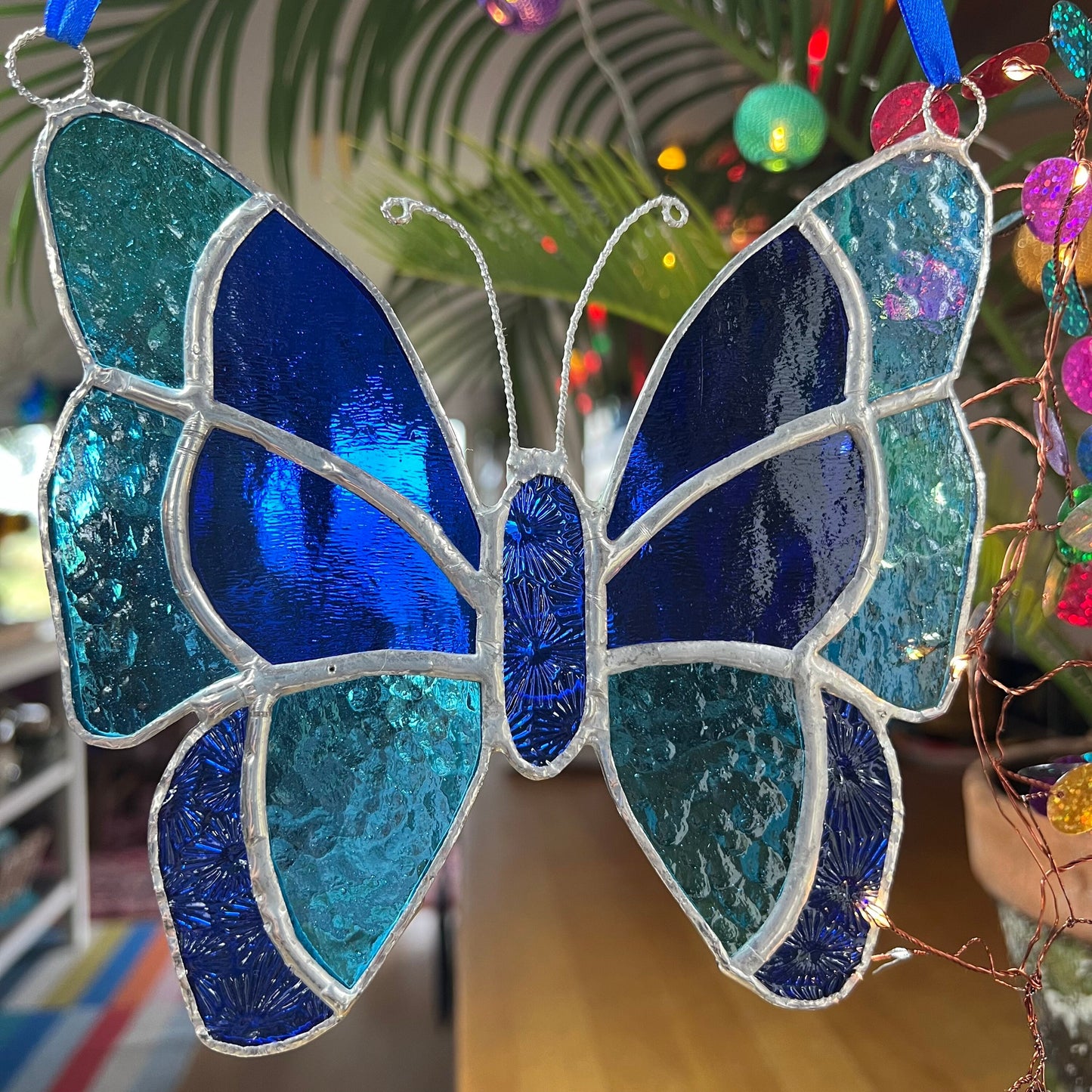 Blue Stained Glass Butterfly Suncatcher, Turquoise Cobalt Window Hanging