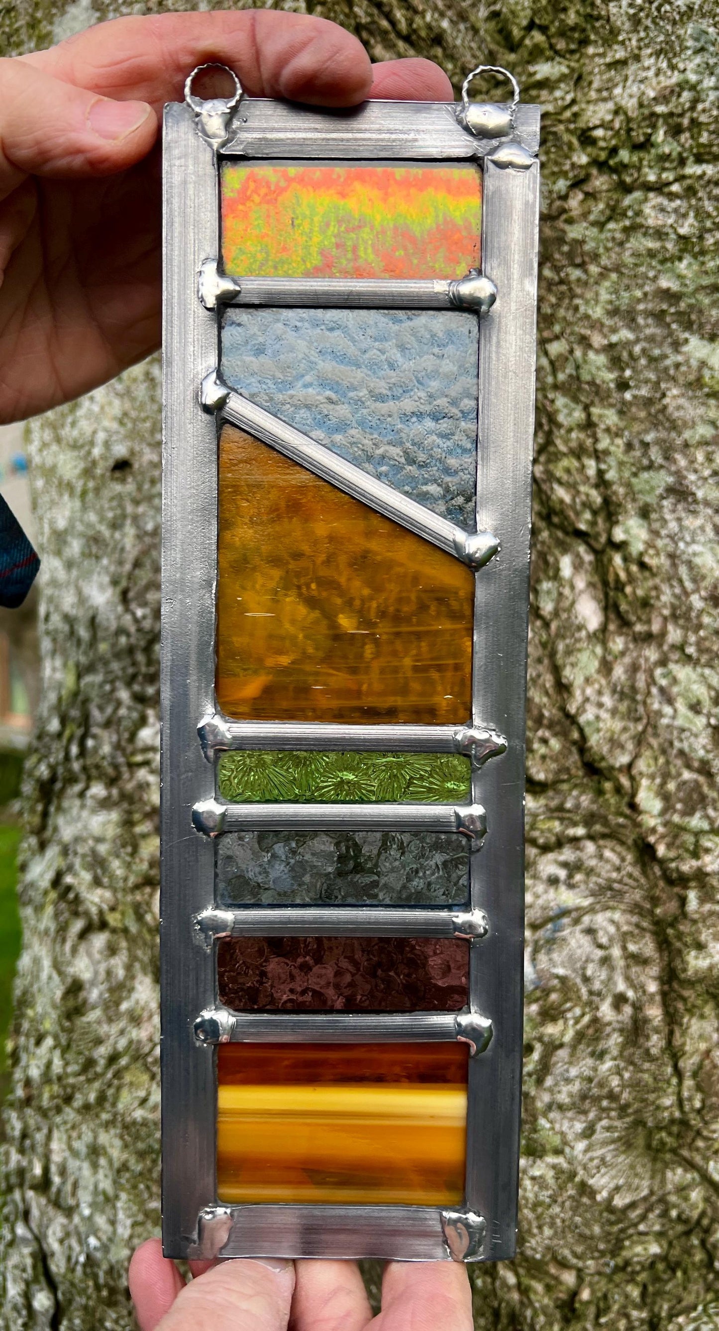 Handcrafted Leaded Stained Glass Garden Panel, Honey Blue Plum Green