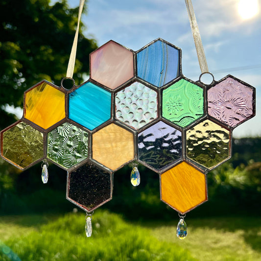 Stained Glass Honeycomb Suncatcher: Pastel Iridescent Glass Droplets