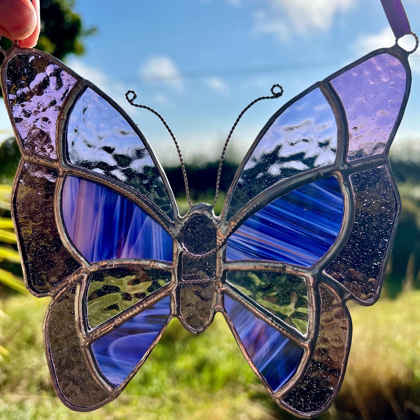 Purple Stained Glass Butterfly Suncatcher: Handcrafted Window Decor
