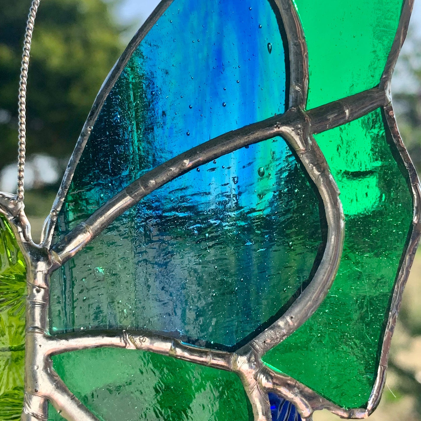 Green Stained Glass Butterfly Suncatcher: Handcrafted Window Decor