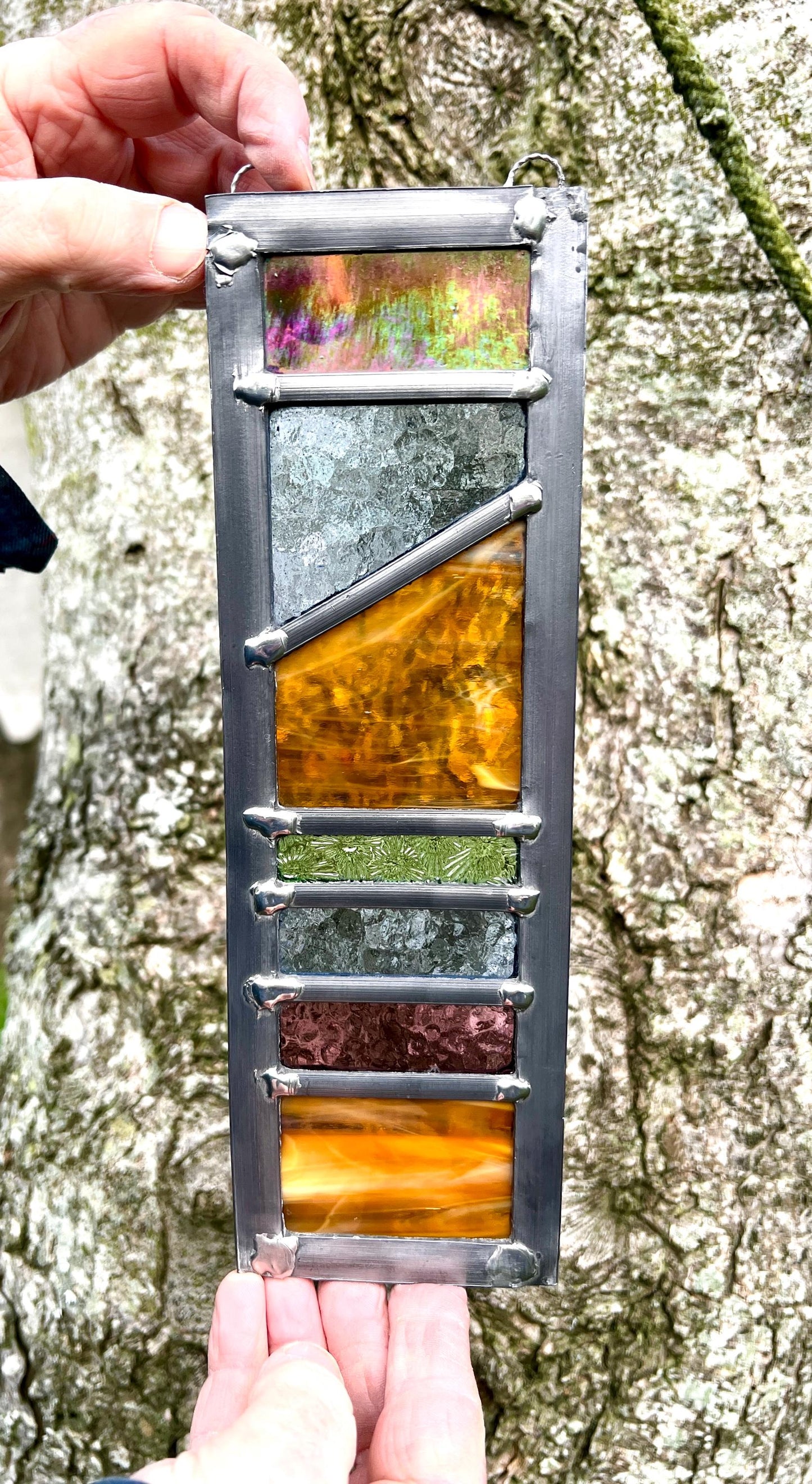 Handcrafted Leaded Stained Glass Garden Panel, Honey Blue Plum Green